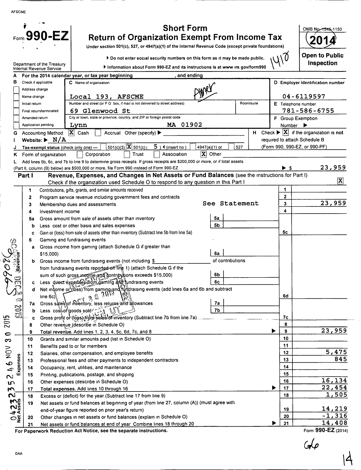 Image of first page of 2014 Form 990EO for American Federation of State County & Municipal Employees - L0193ma Lynn Municipal Emp