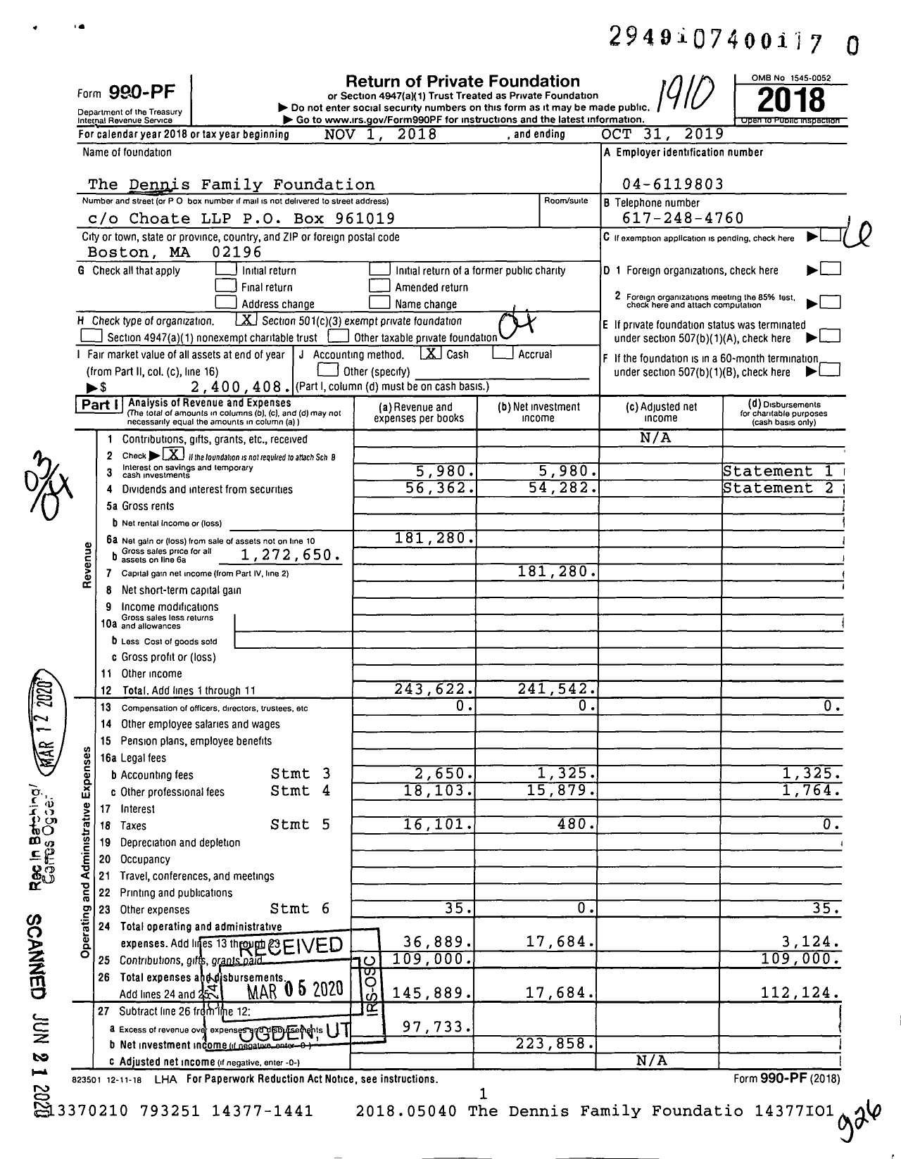 Image of first page of 2018 Form 990PR for The Dennis Family Foundation