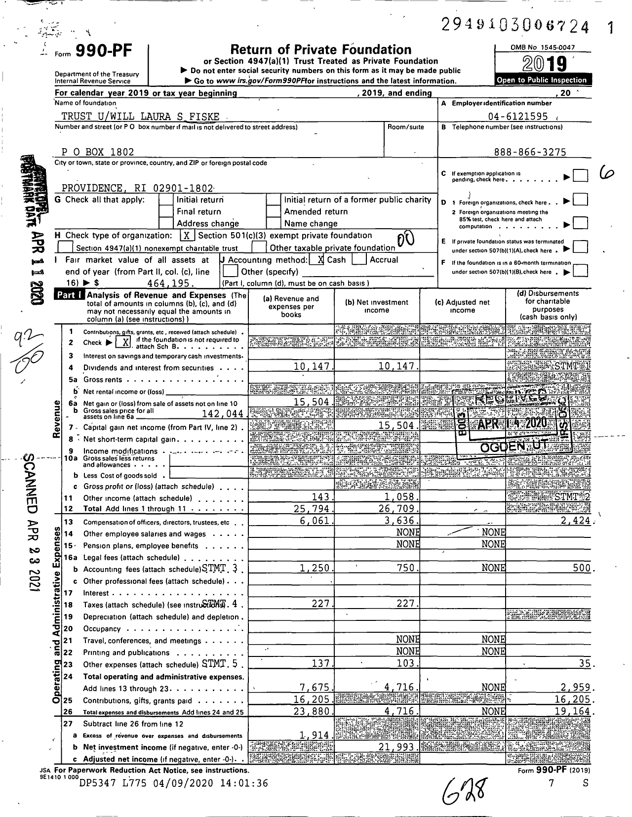 Image of first page of 2019 Form 990PF for Trust Uwill Laura S Fiske