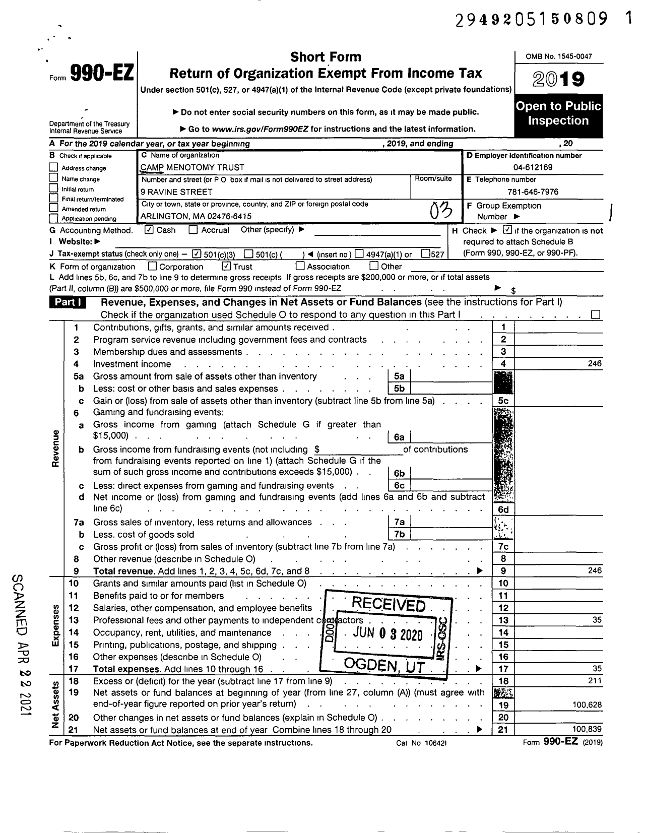 Image of first page of 2019 Form 990EZ for Camp Menotomy Trust