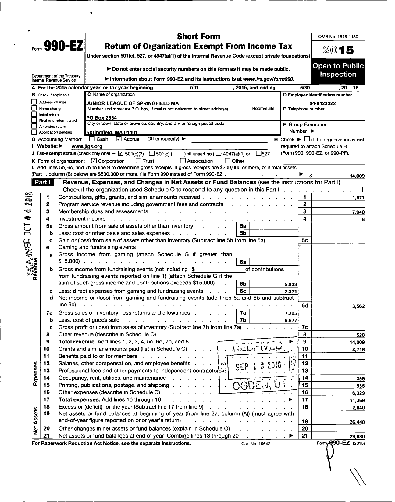 Image of first page of 2015 Form 990EZ for Junior League of Springfield Mass