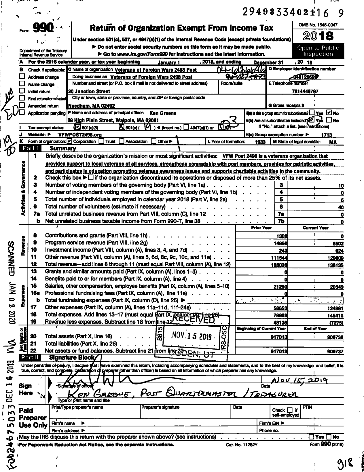 Image of first page of 2018 Form 990O for VFW Department of Massachusetts - 2498 Post