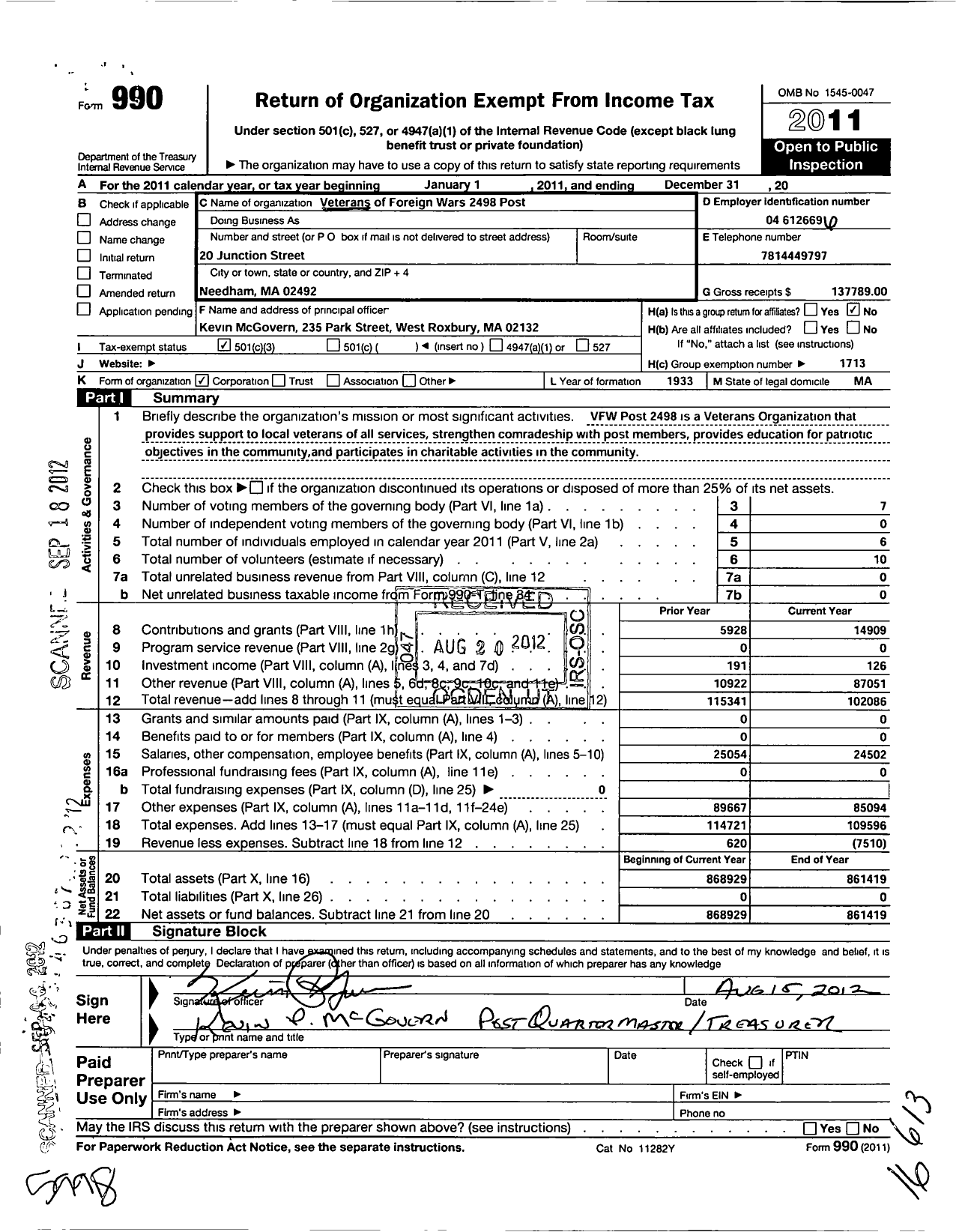 Image of first page of 2011 Form 990 for VFW Department of Massachusetts - 2498 Post