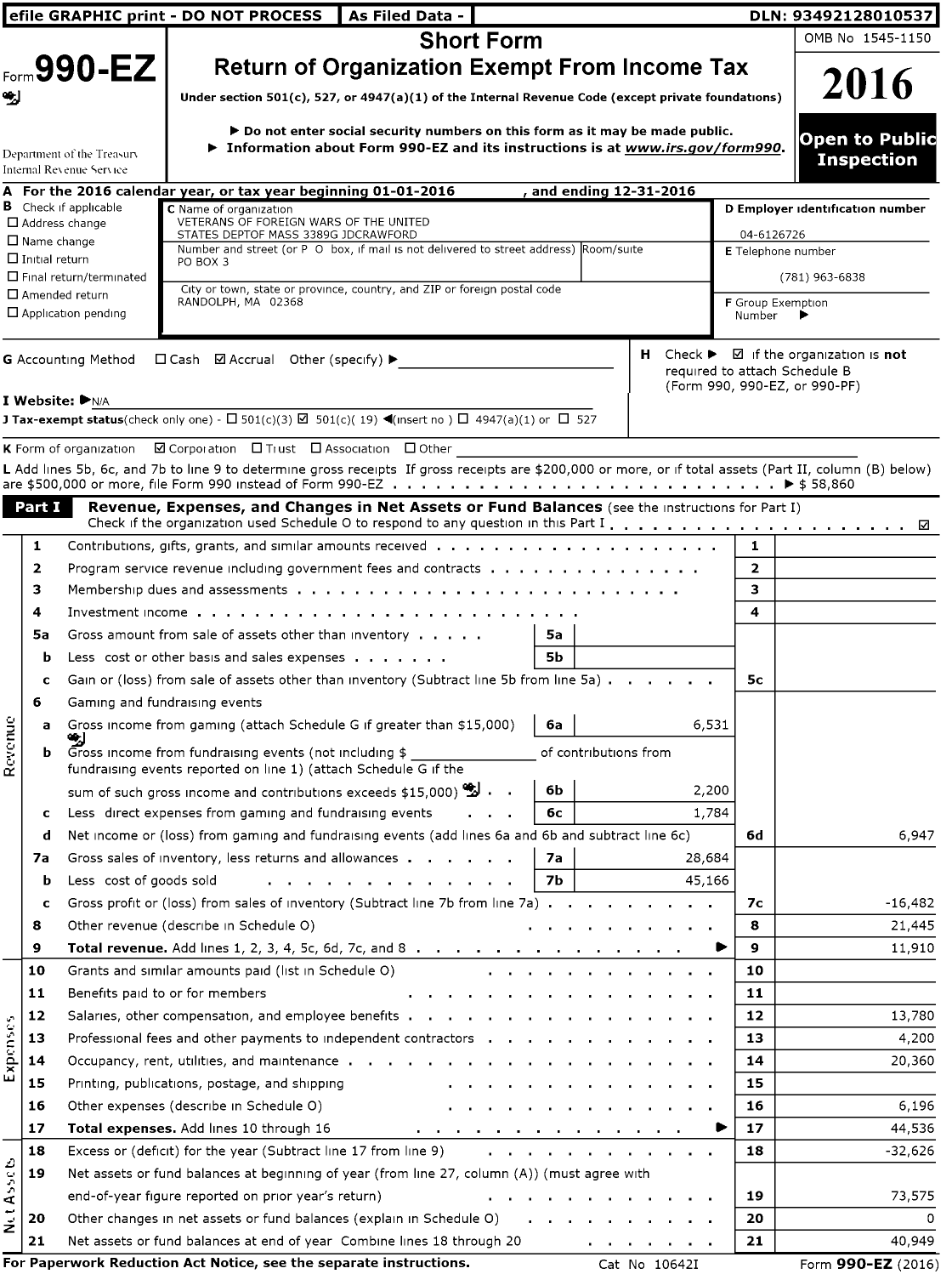 Image of first page of 2016 Form 990EO for VFW Department of Massachusetts - VFW Dept of Mass 3389 JD Crawf