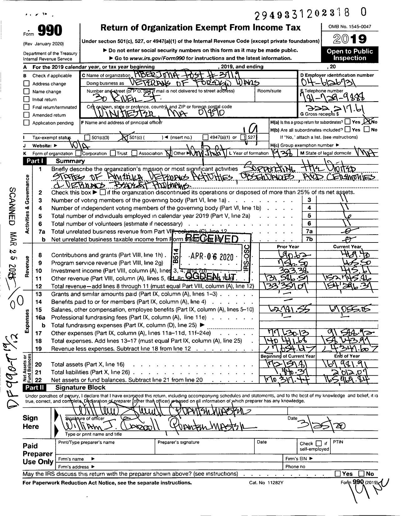 Image of first page of 2019 Form 990O for VFW Department of Massachusetts - 3719 Aberjona Post