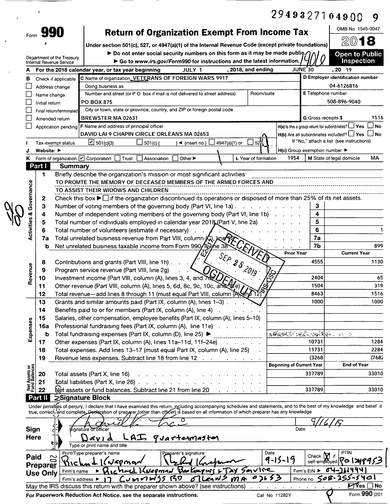 Image of first page of 2018 Form 990O for VFW Department of Massachusetts - 9917 Vfw-Mass