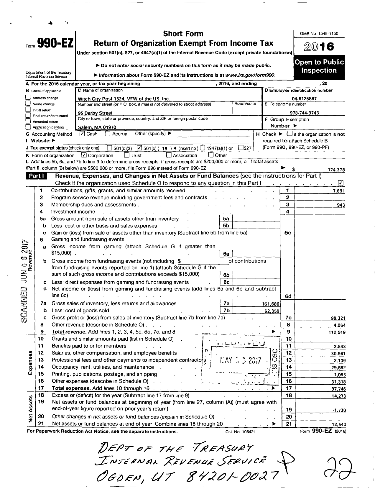 Image of first page of 2016 Form 990EO for VFW Department of Massachusetts - 1524 Vfw-Mass