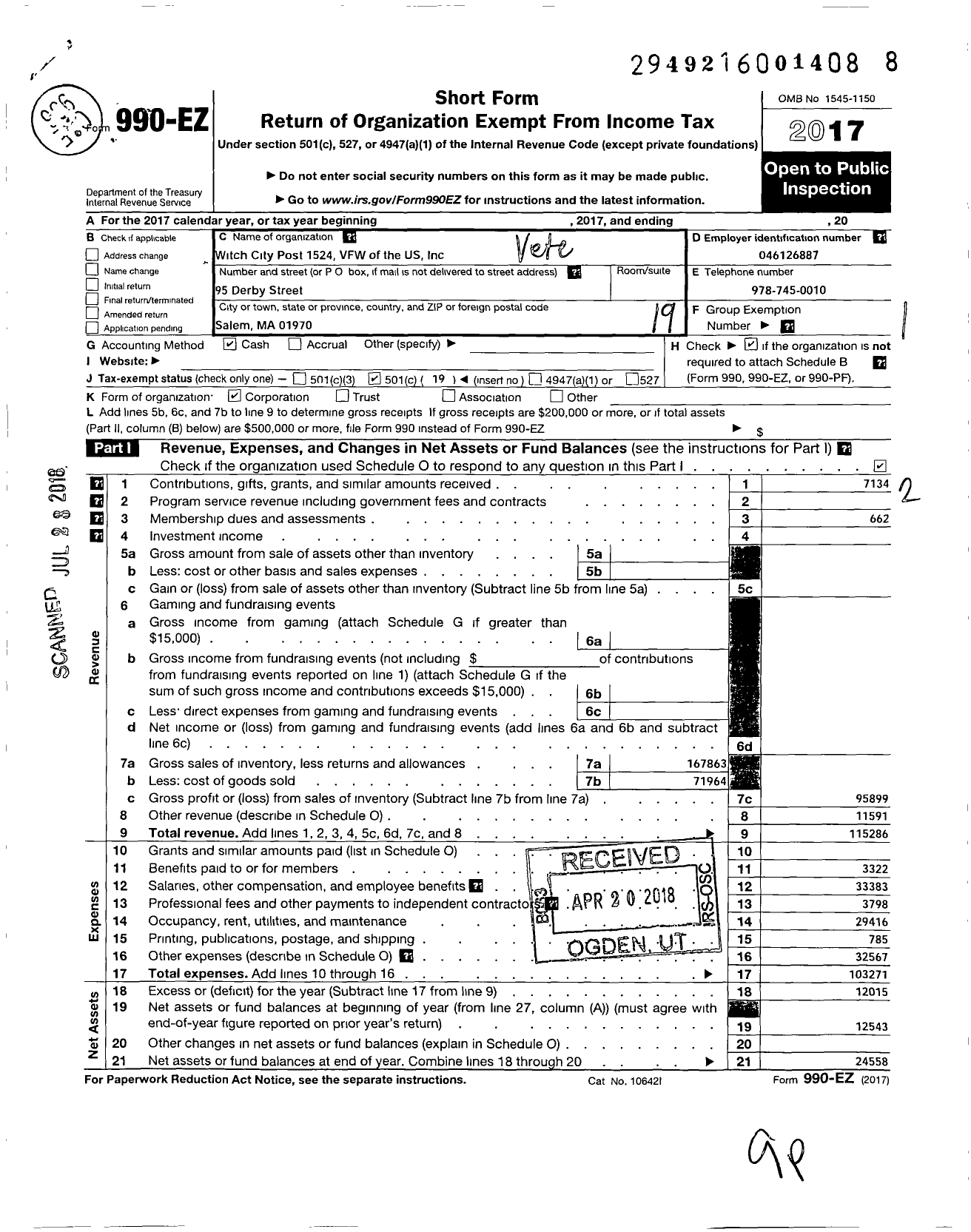 Image of first page of 2017 Form 990EO for VFW Department of Massachusetts - 1524 Vfw-Mass