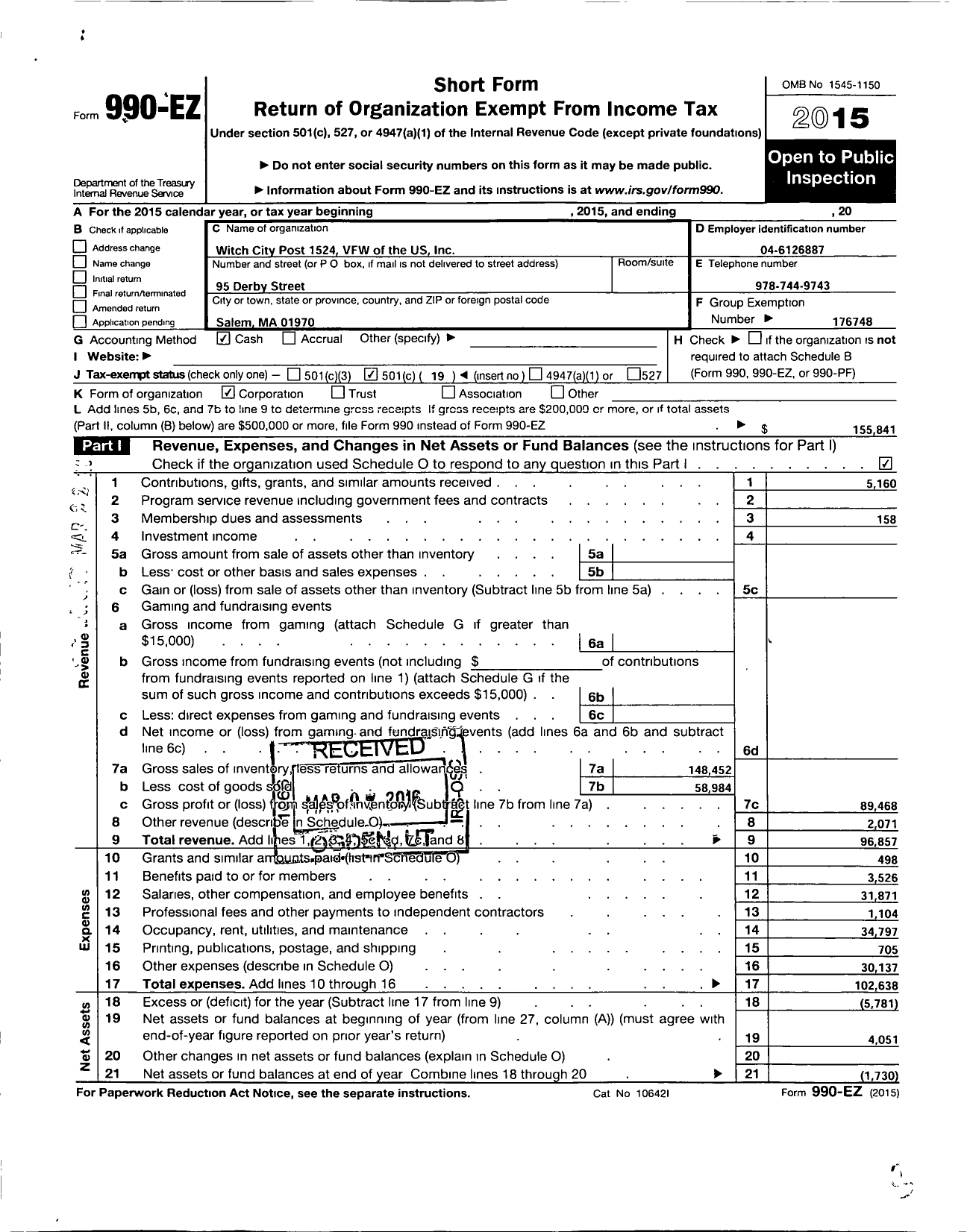 Image of first page of 2015 Form 990EO for VFW Department of Massachusetts - 1524 Vfw-Mass