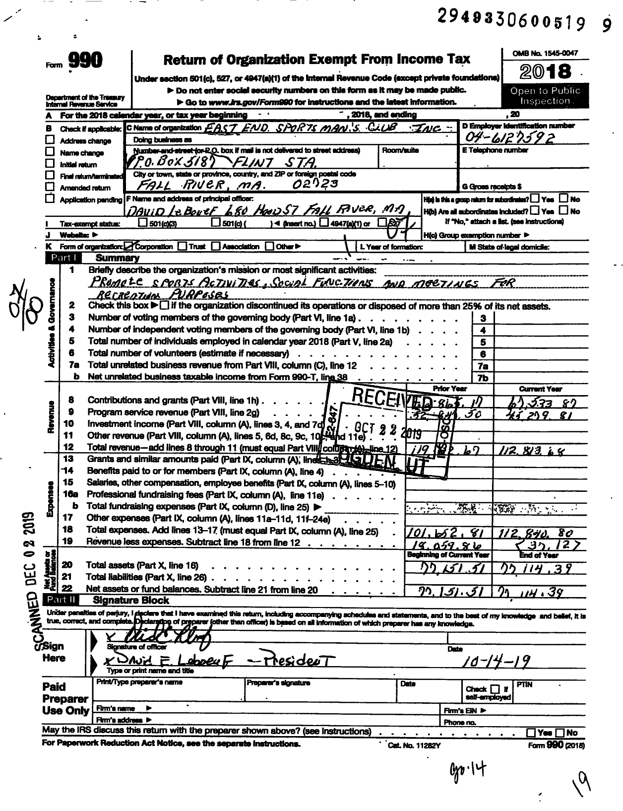 Image of first page of 2018 Form 990O for East End Sportsmans Club