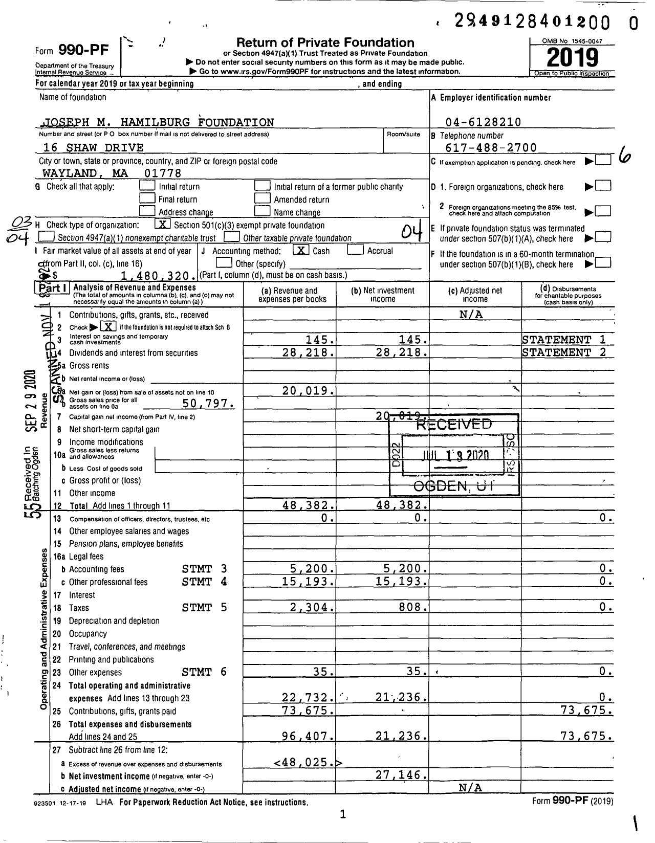 Image of first page of 2019 Form 990PF for Joseph M Hamilburg Foundation