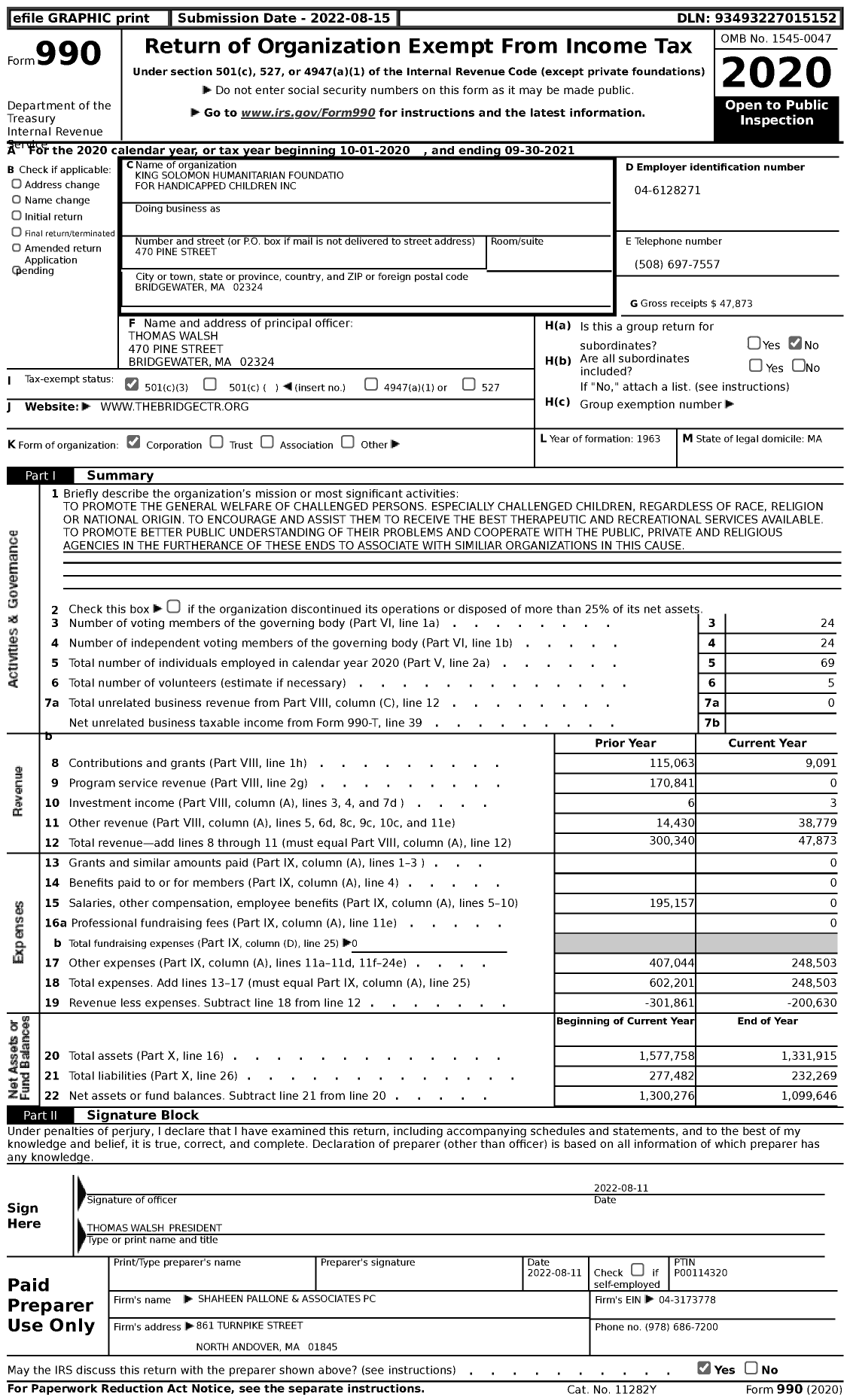 Image of first page of 2020 Form 990 for King Solomon Humanitarian Foundation for Handicapped Children