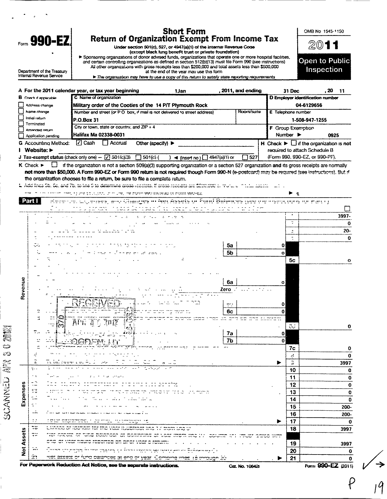 Image of first page of 2011 Form 990EZ for Military Order of the Cootie of the United States - 14 PT Plymouth Rock