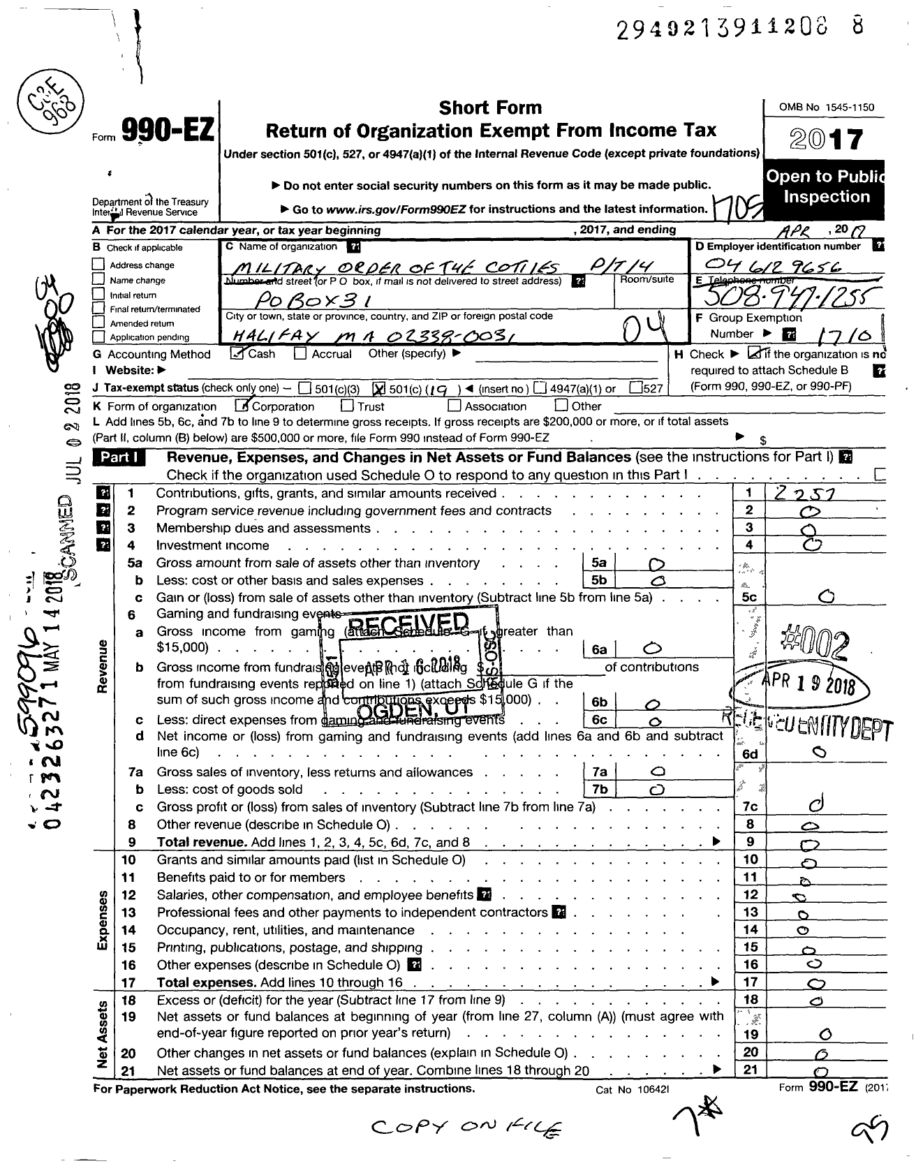 Image of first page of 2016 Form 990EO for Military Order of the Cootie of the United States - 14 PT Plymouth Rock