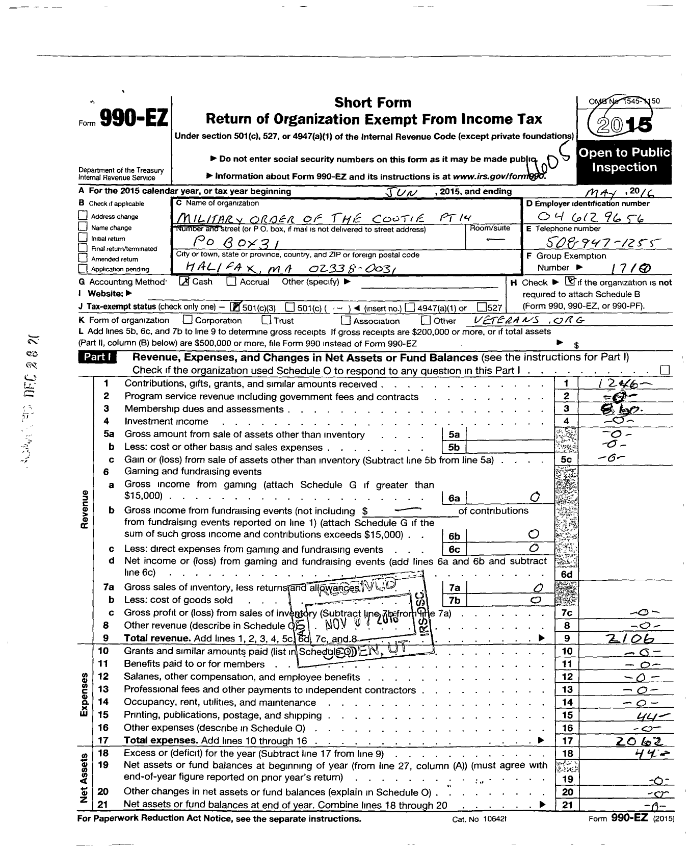 Image of first page of 2015 Form 990EZ for Military Order of the Cootie of the United States - 14 PT Plymouth Rock