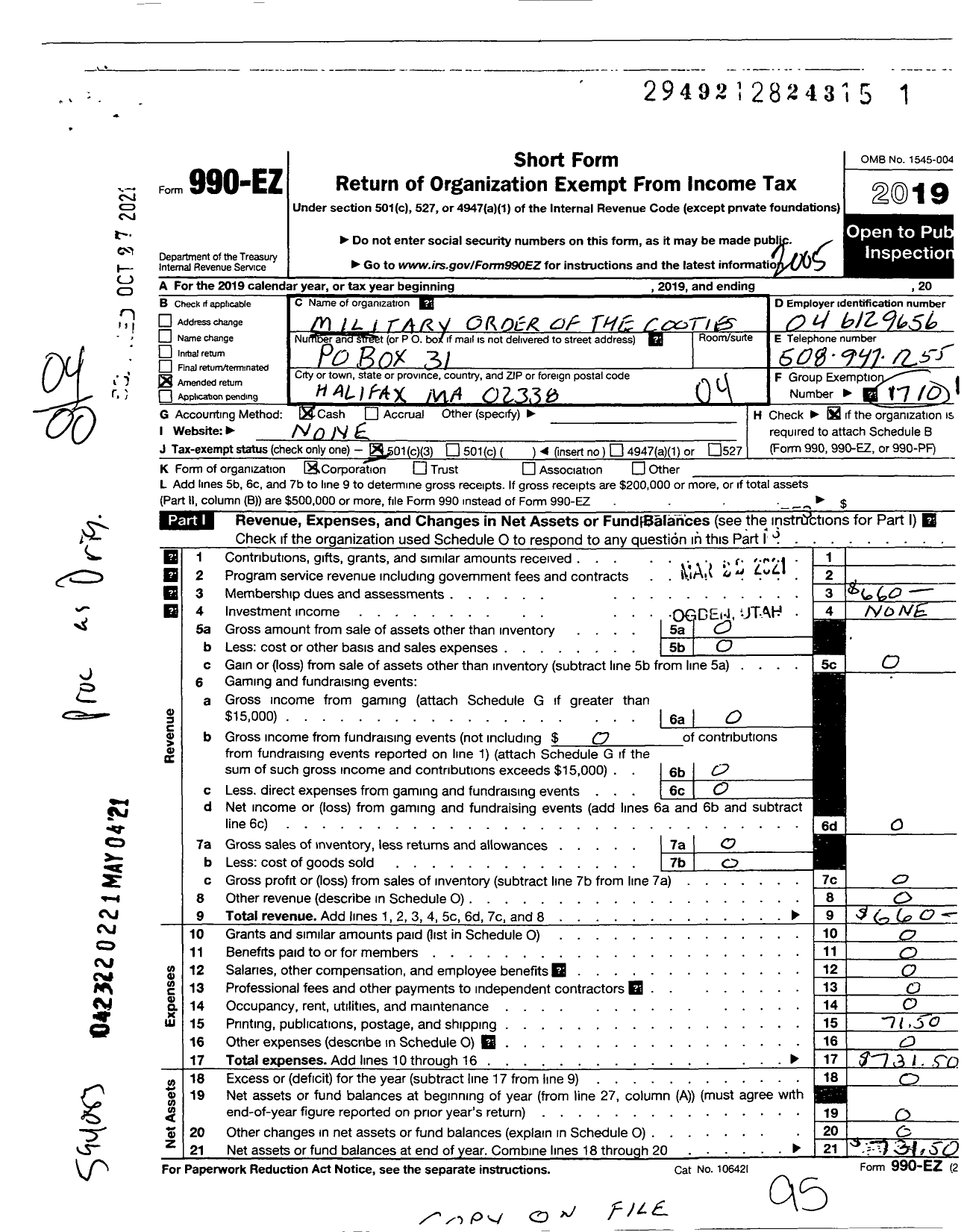 Image of first page of 2019 Form 990EO for Military Order of the Cootie of the United States - 14 PT Plymouth Rock