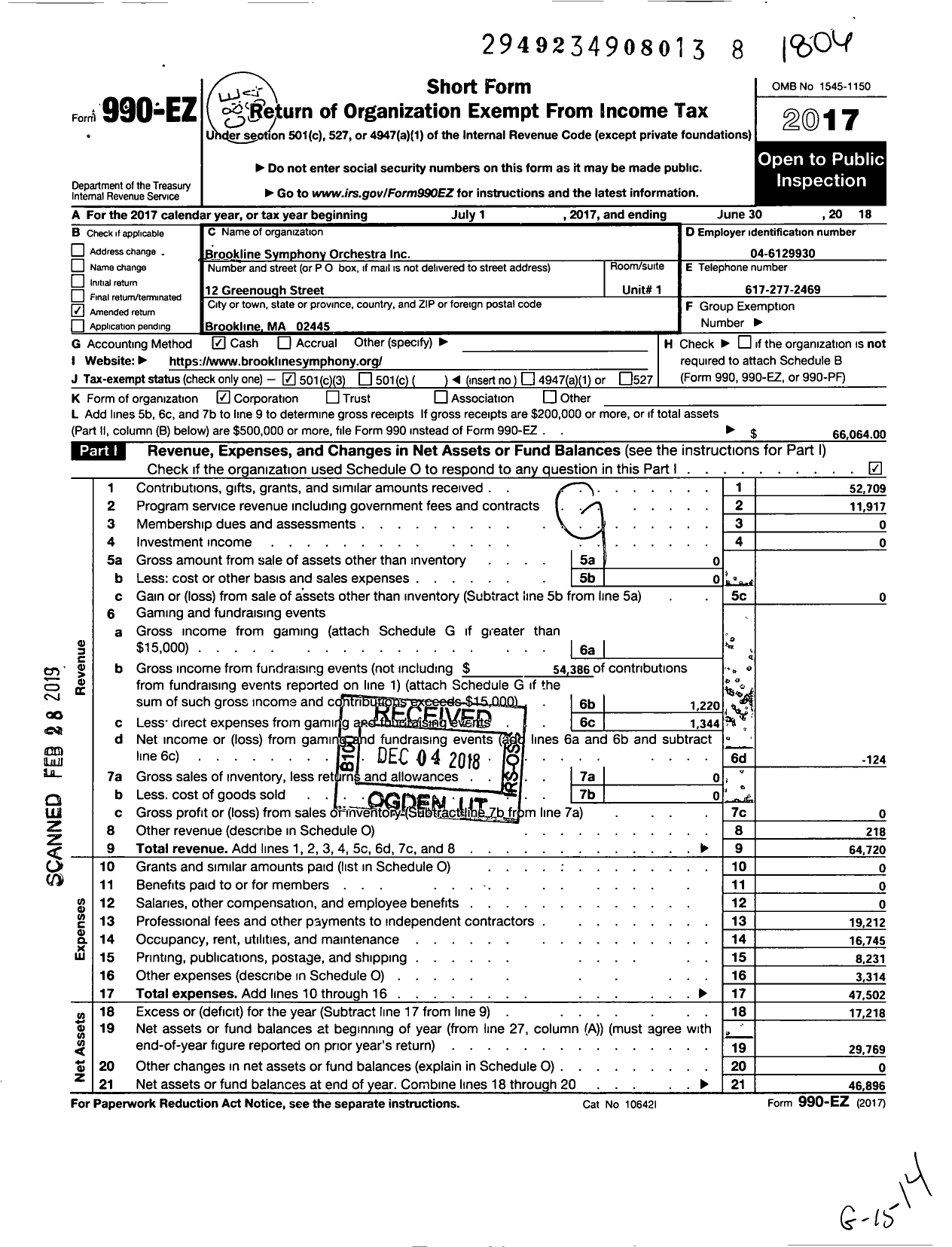 Image of first page of 2017 Form 990EZ for Brookline Symphony Orchestra