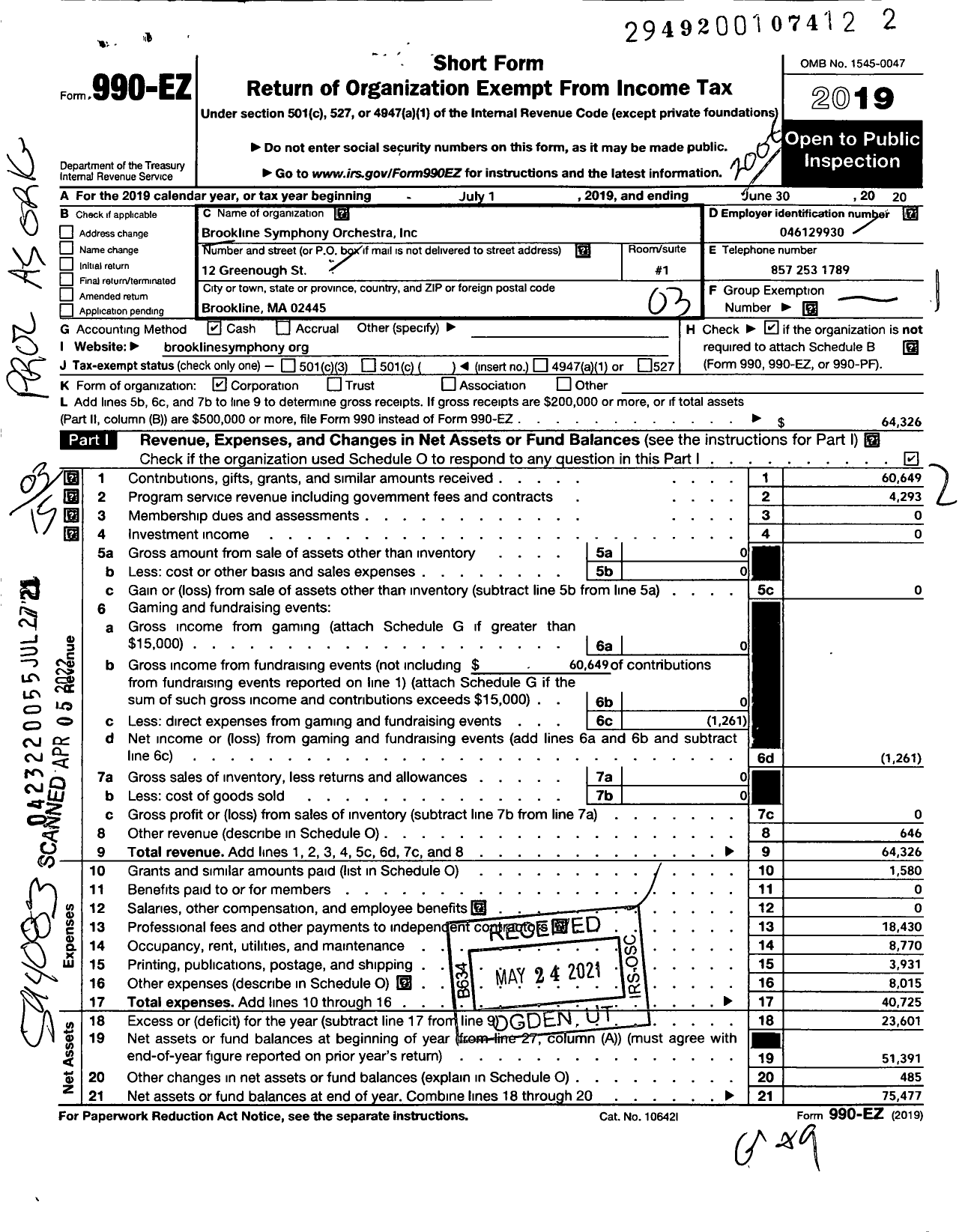 Image of first page of 2019 Form 990EZ for Brookline Symphony Orchestra