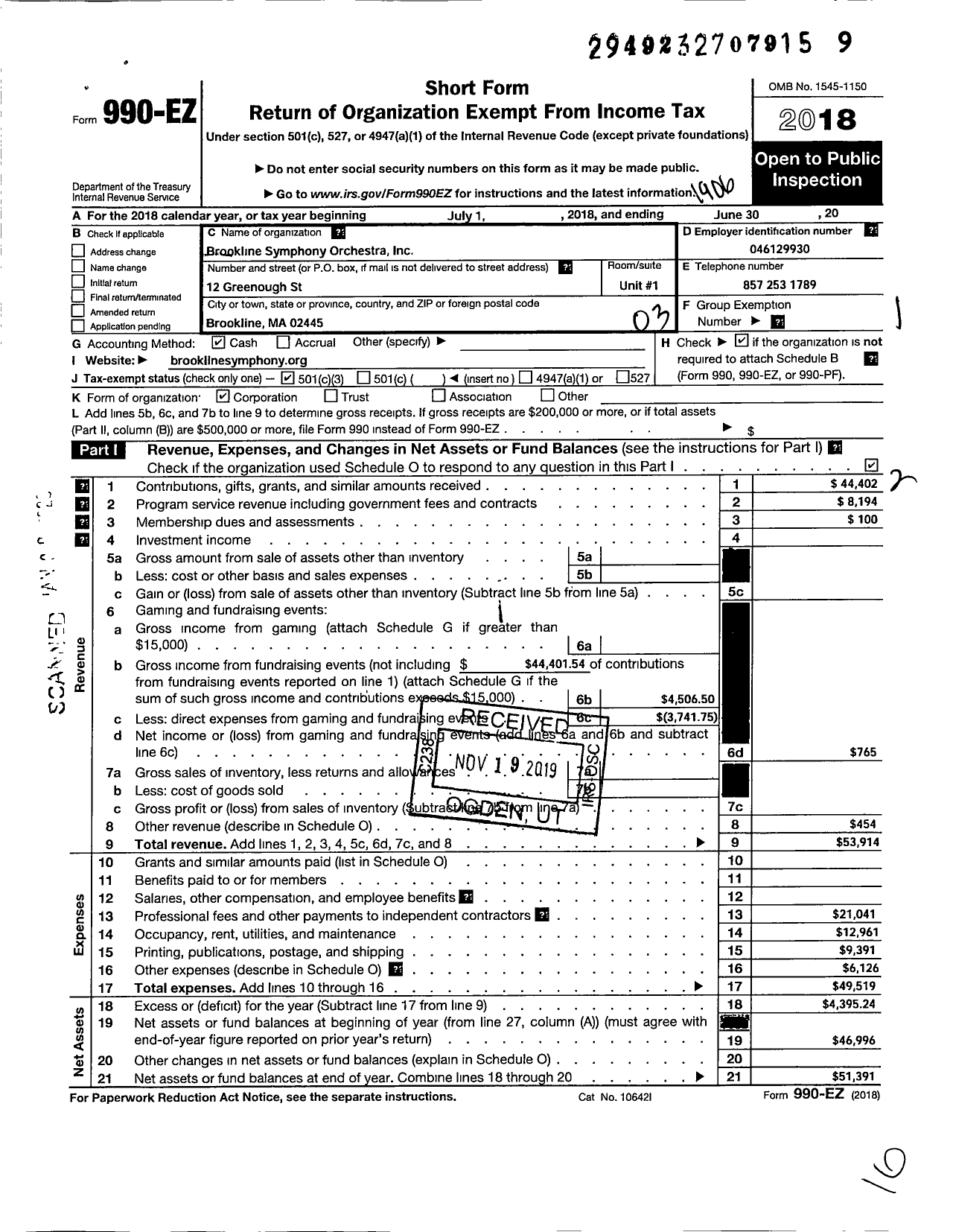 Image of first page of 2018 Form 990EZ for Brookline Symphony Orchestra