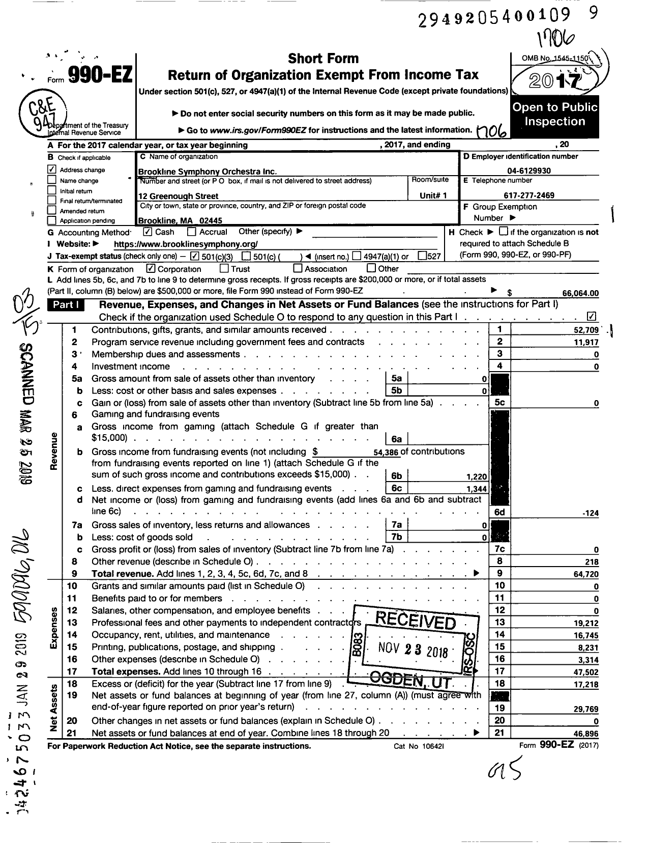 Image of first page of 2016 Form 990EZ for Brookline Symphony Orchestra