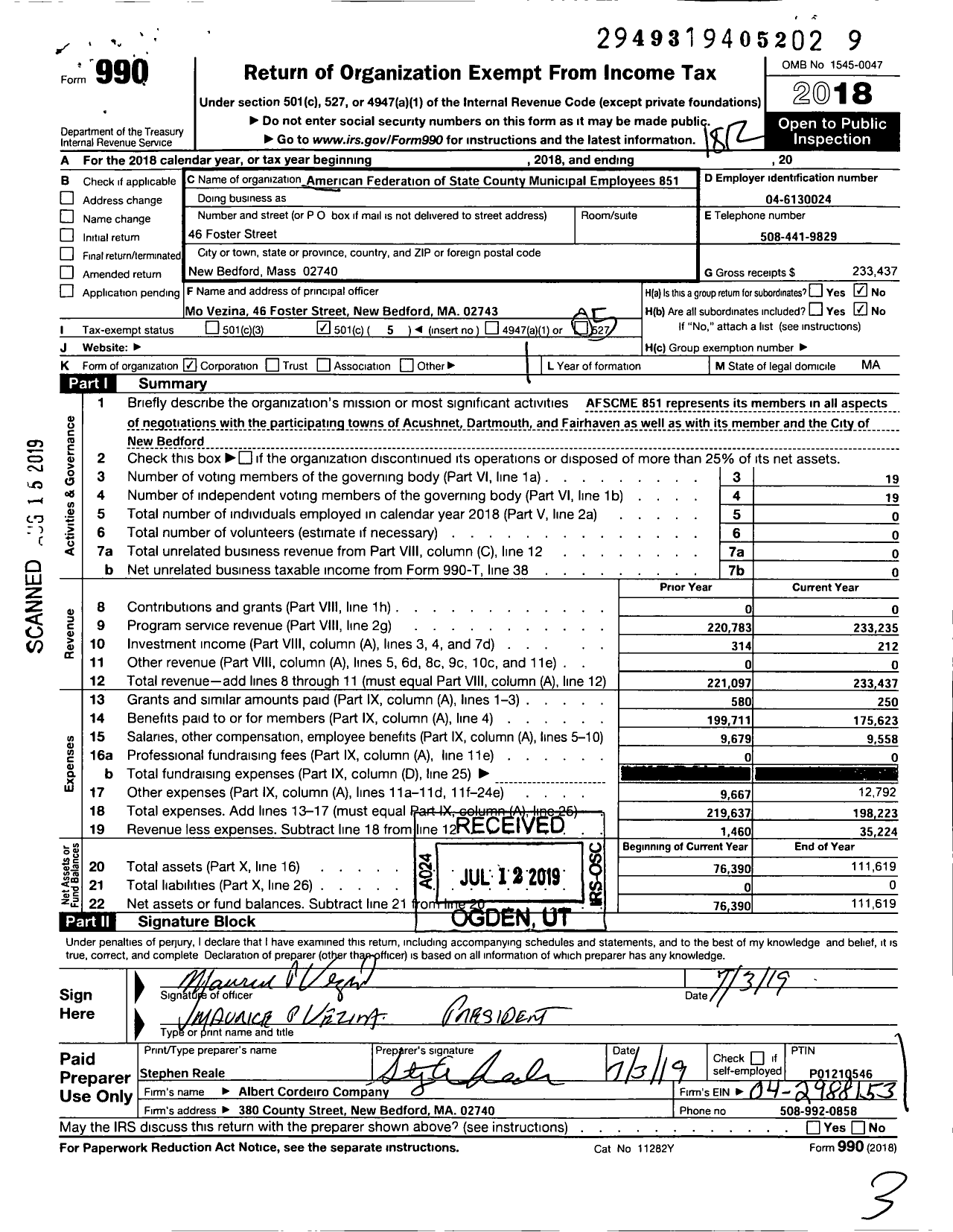 Image of first page of 2018 Form 990O for American Federation of State County & Municipal Employees - L0851ma Southrn Bristol Co Munic Em