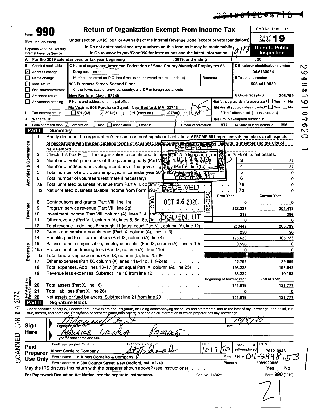 Image of first page of 2019 Form 990O for American Federation of State County & Municipal Employees - L0851ma Southrn Bristol Co Munic Em