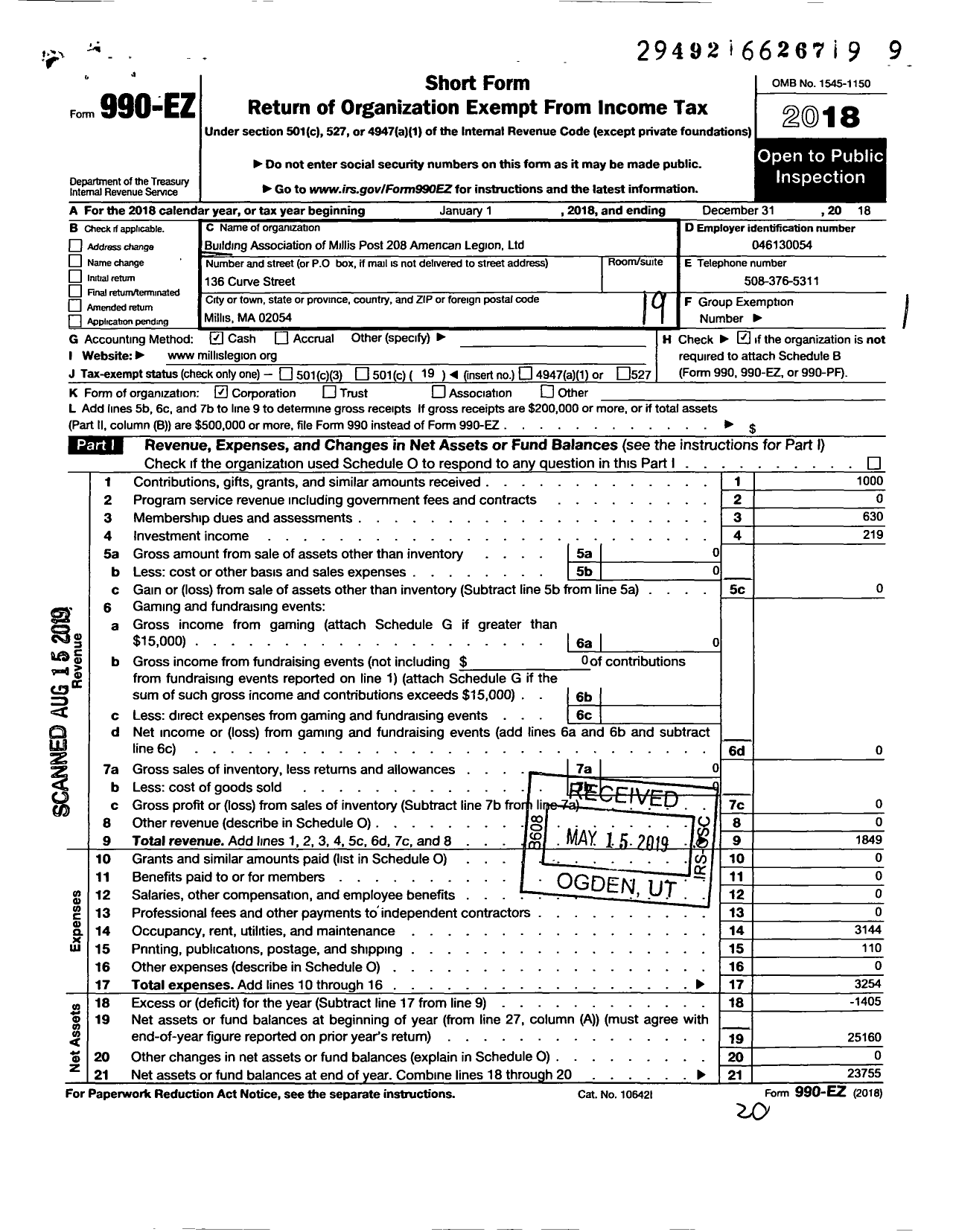 Image of first page of 2018 Form 990EO for American Legion - 0208 Millis
