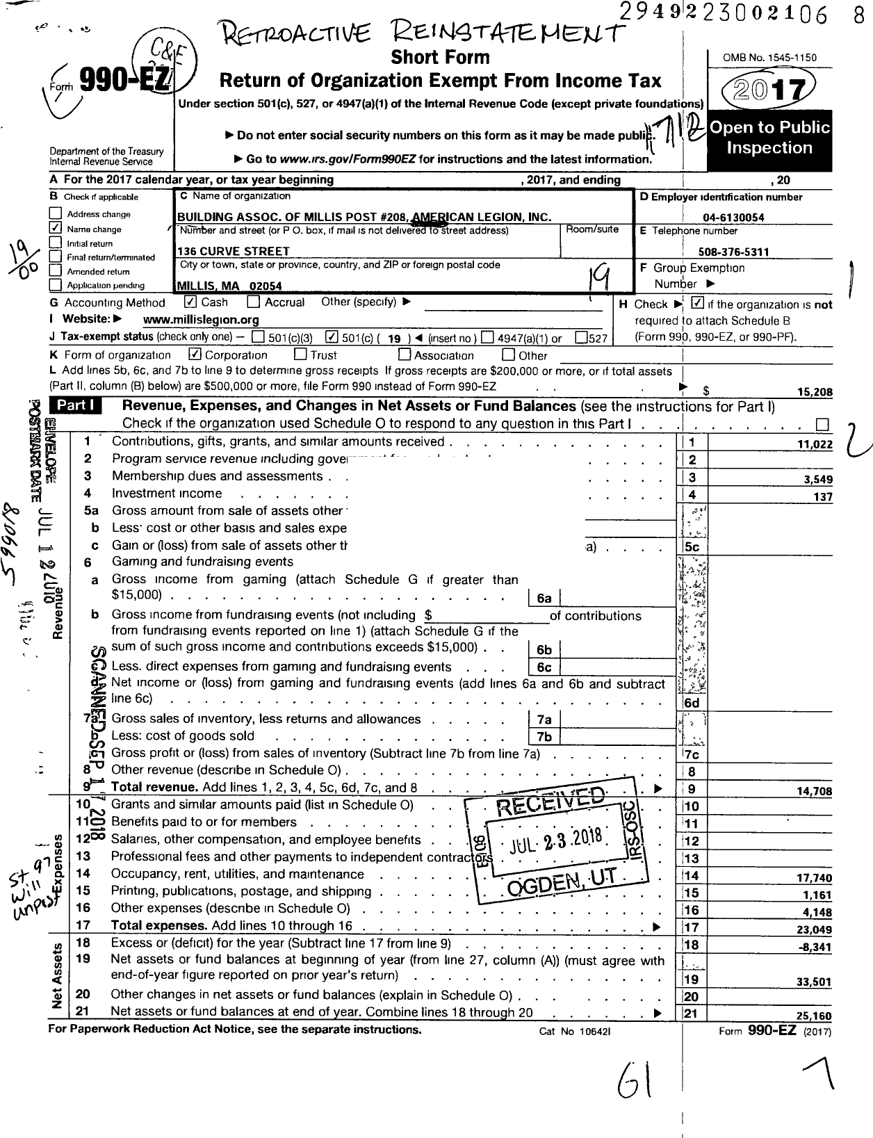 Image of first page of 2017 Form 990EO for American Legion - 0208 Millis