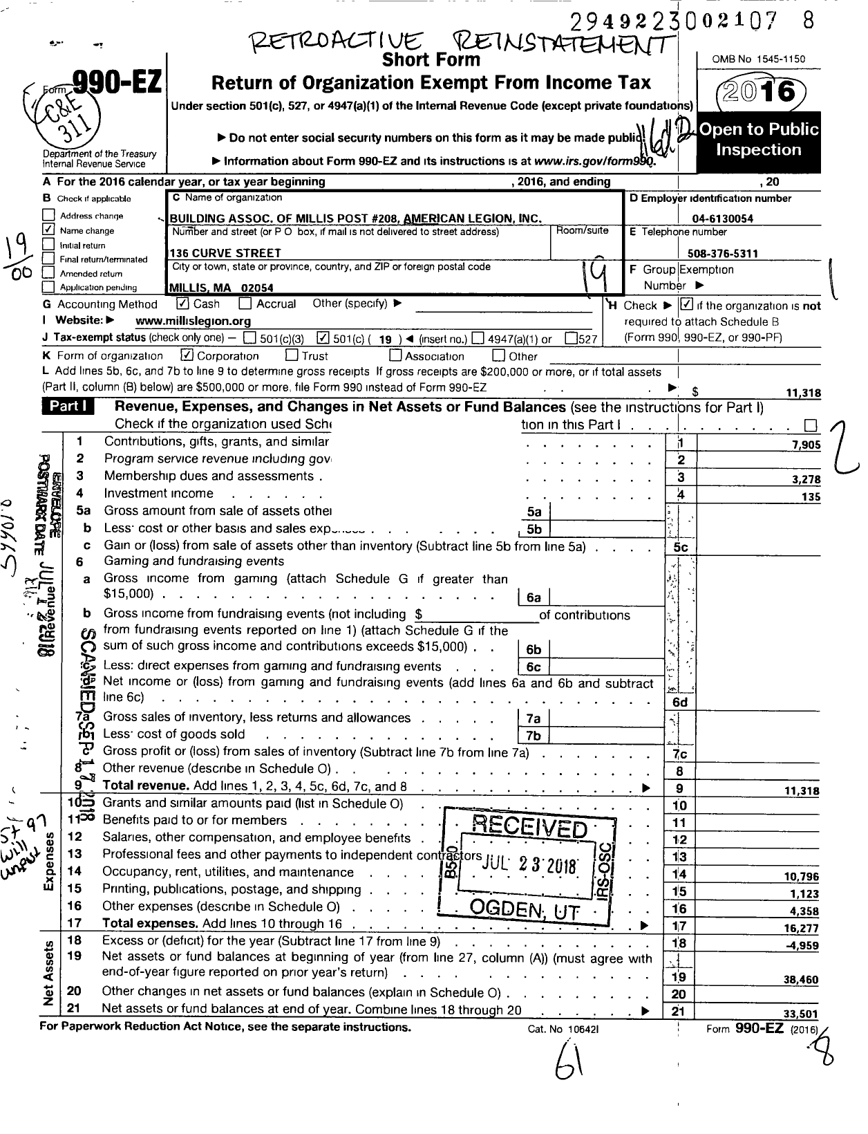 Image of first page of 2016 Form 990EO for American Legion - 0208 Millis