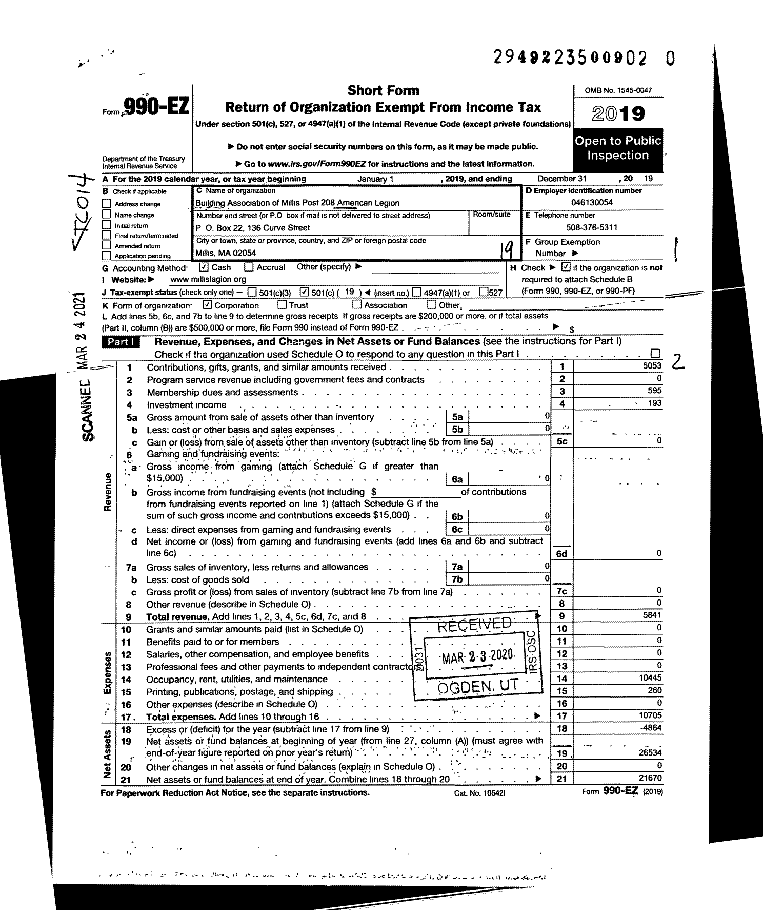 Image of first page of 2019 Form 990EO for American Legion - 0208 Millis