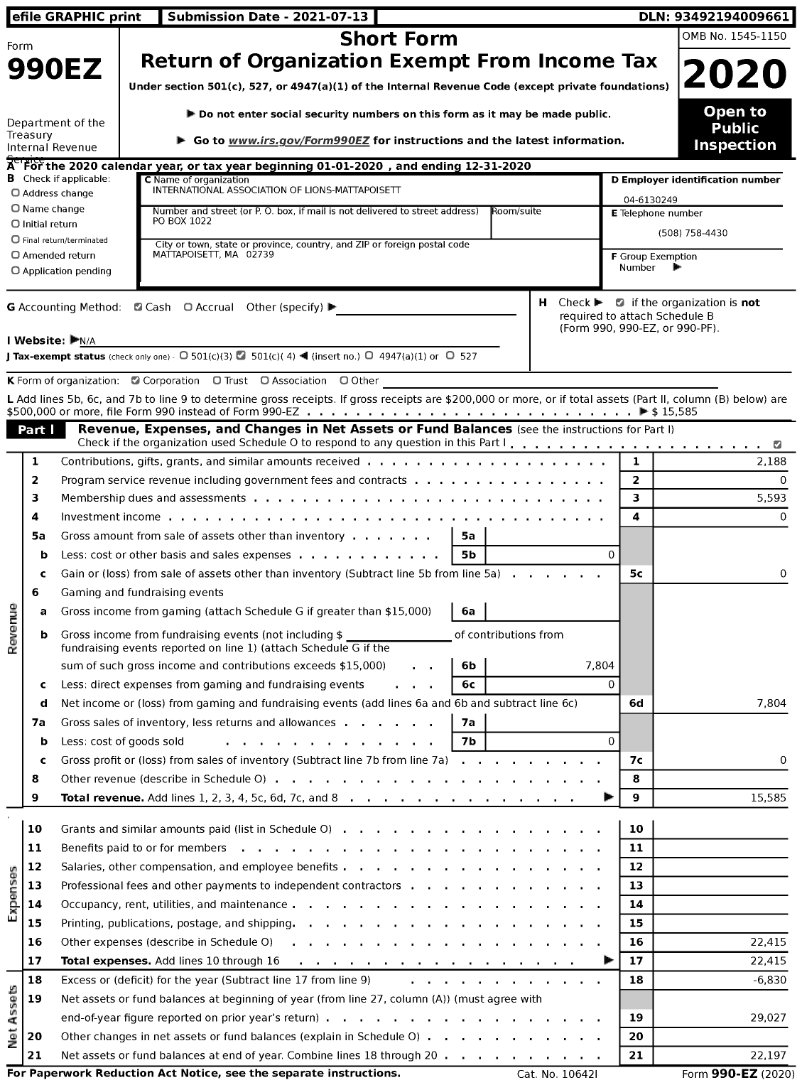 Image of first page of 2020 Form 990EZ for Lions Clubs - 12156 Mattapoisett