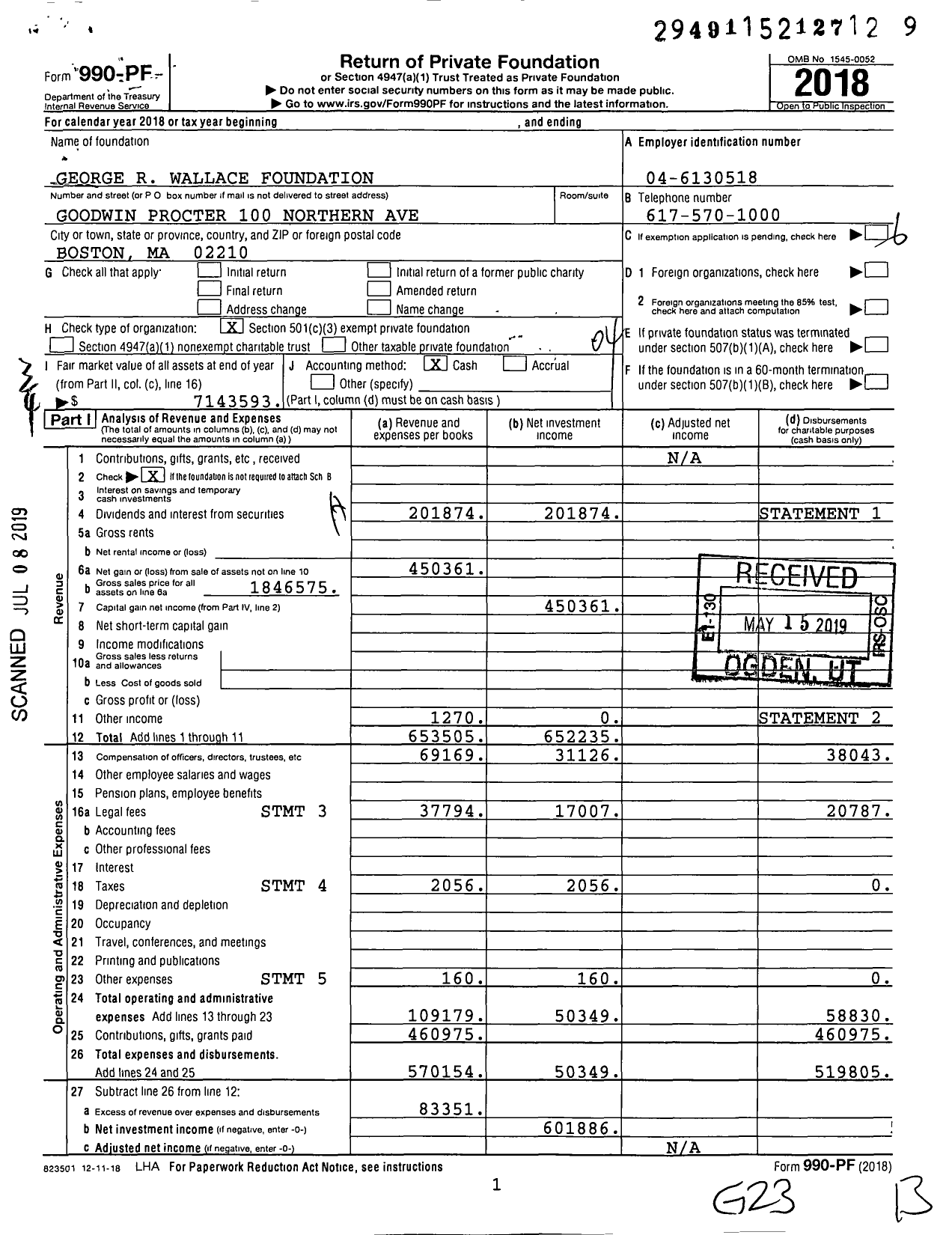 Image of first page of 2018 Form 990PF for George R Wallace Foundation