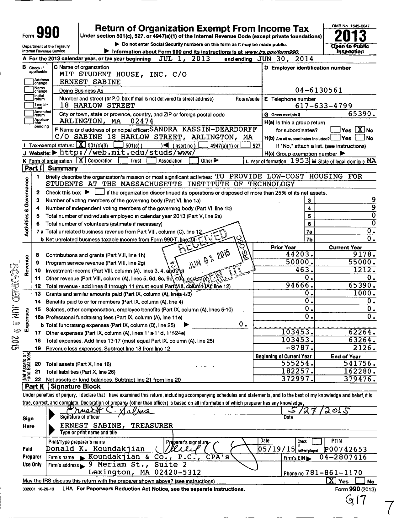 Image of first page of 2013 Form 990 for Mit Student House