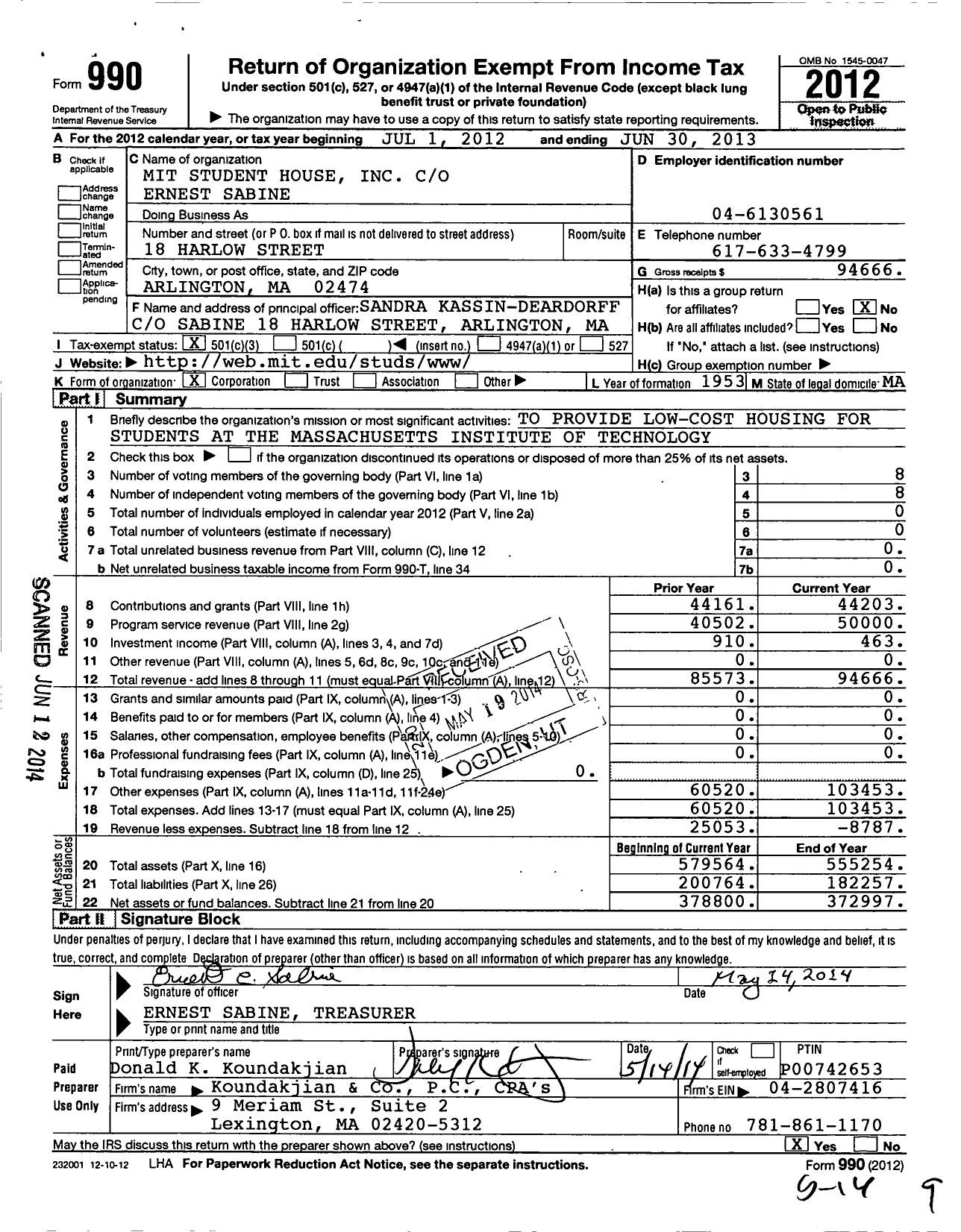 Image of first page of 2012 Form 990 for Mit Student House