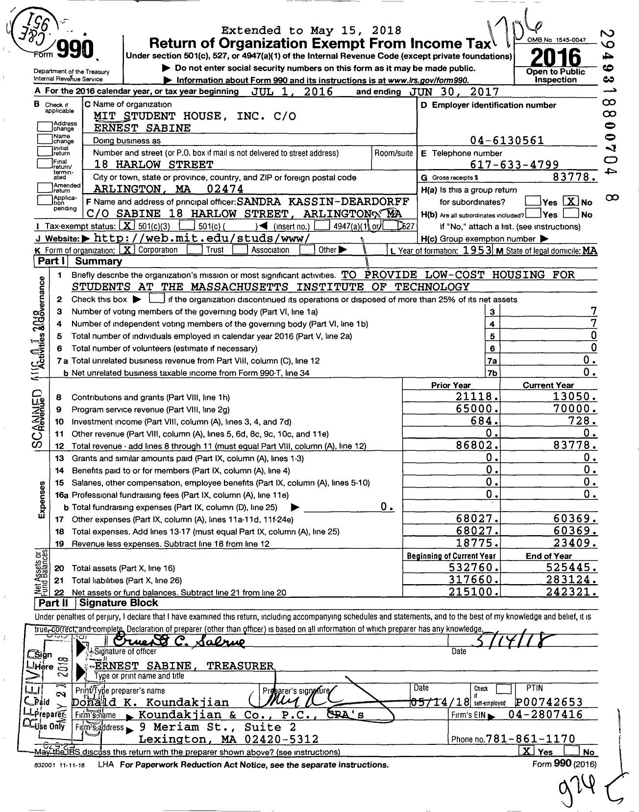 Image of first page of 2016 Form 990 for Mit Student House