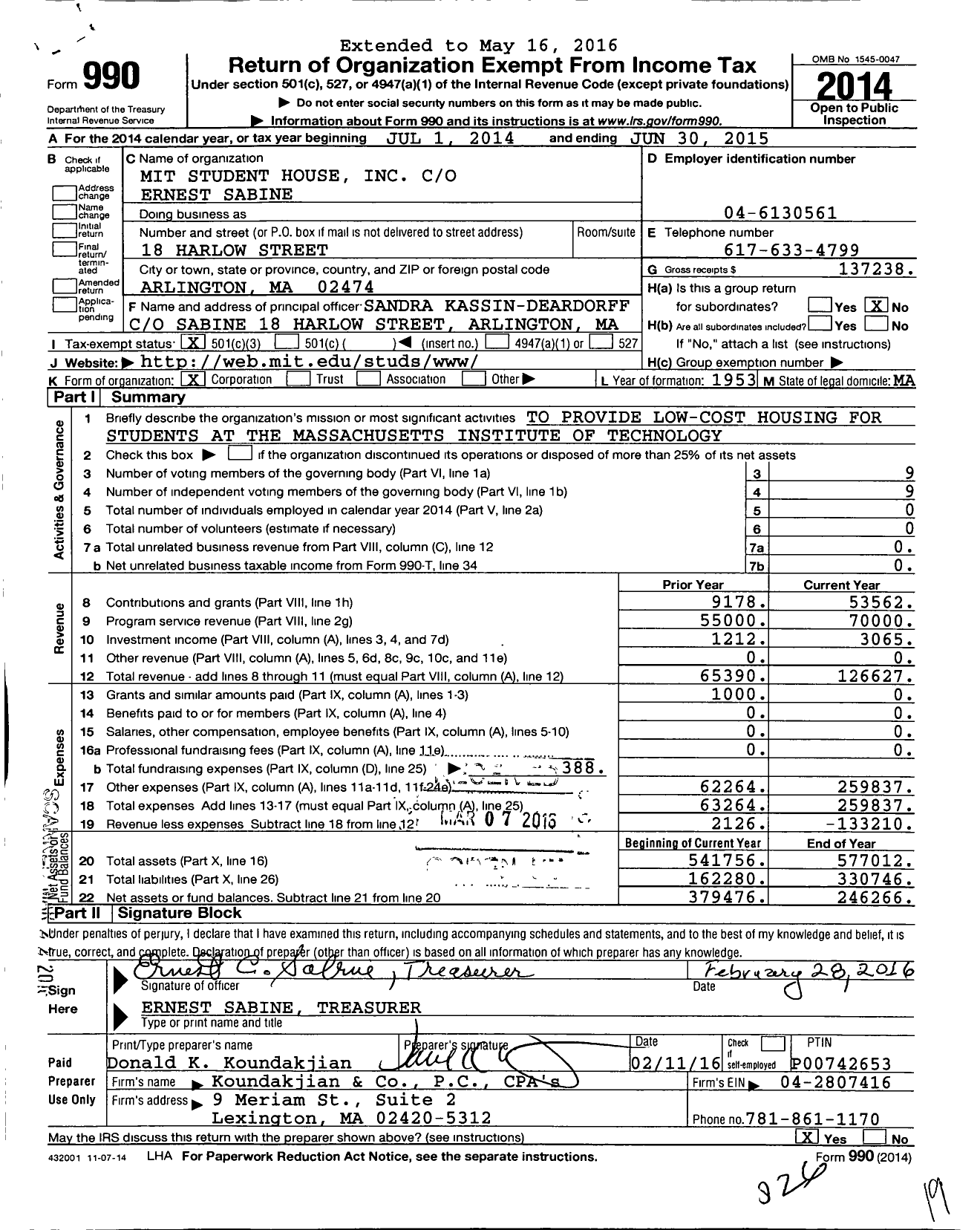 Image of first page of 2014 Form 990 for Mit Student House