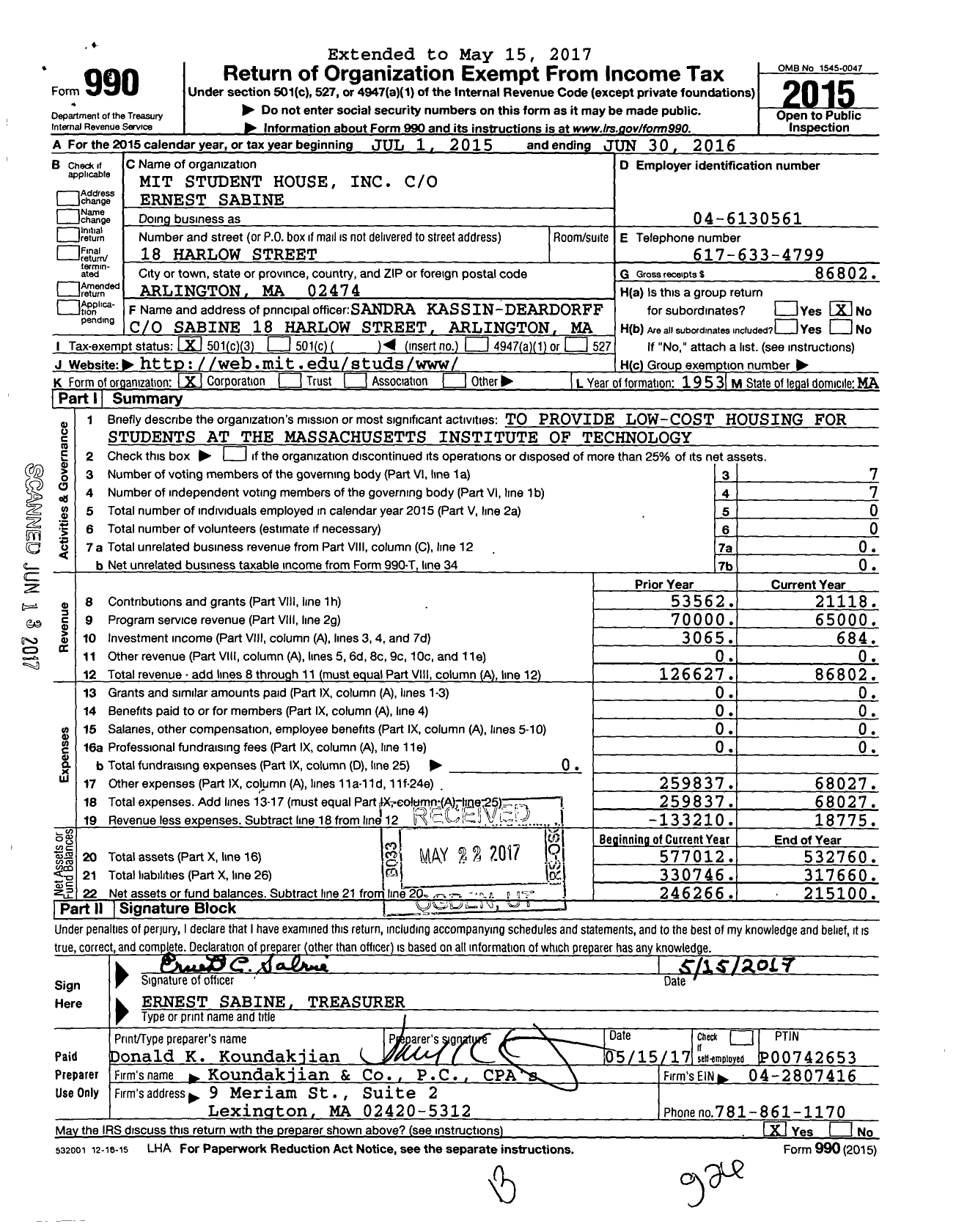 Image of first page of 2015 Form 990 for Mit Student House