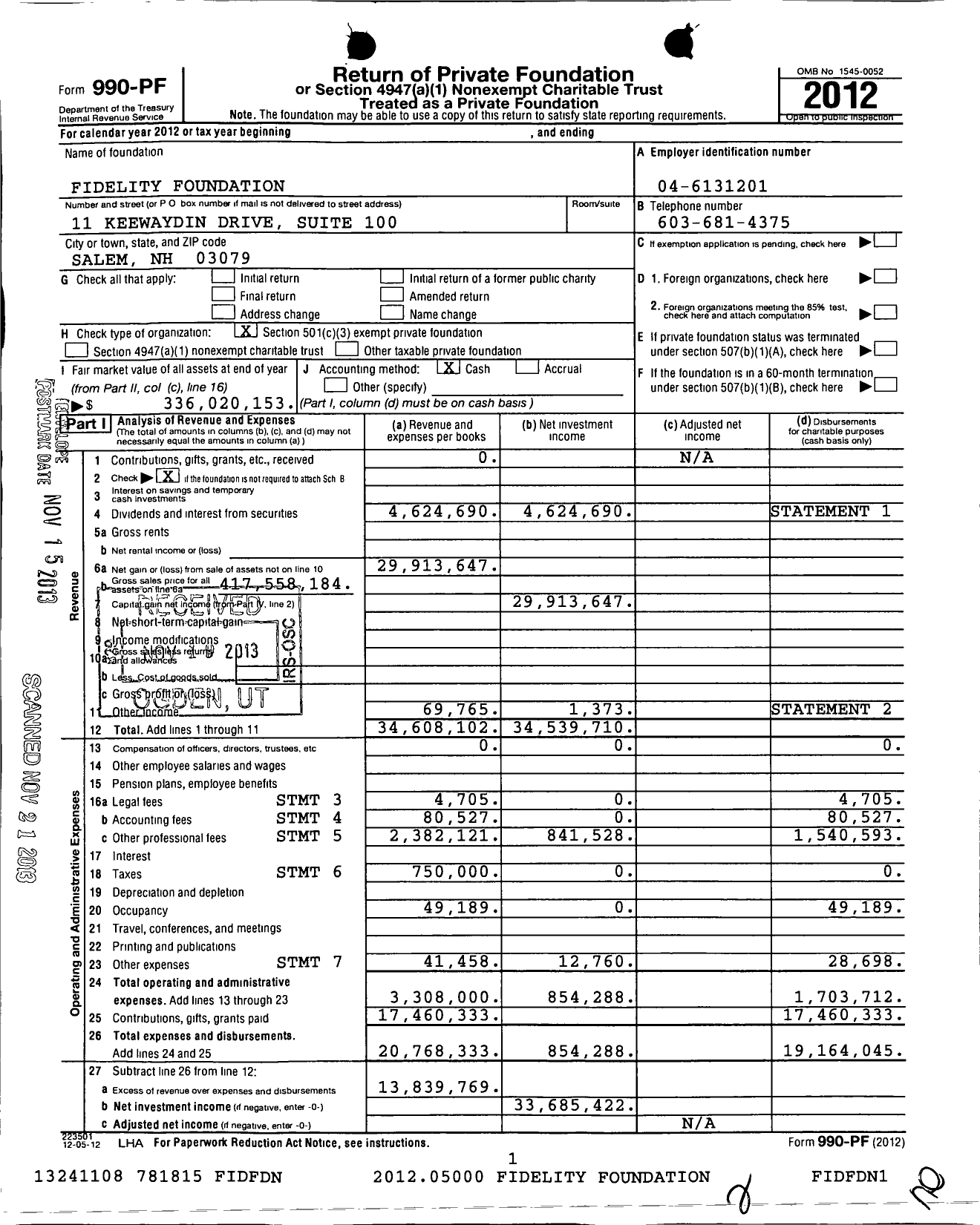 Image of first page of 2012 Form 990PF for Fidelity Foundation
