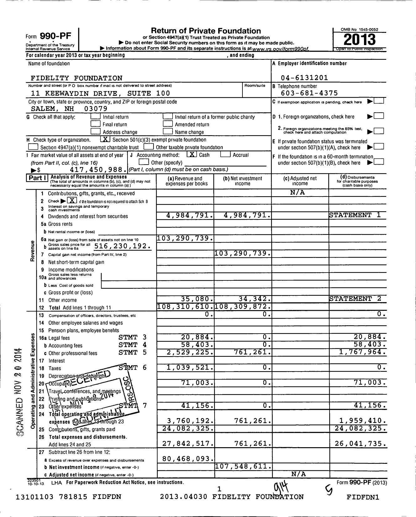 Image of first page of 2013 Form 990PF for Fidelity Foundation