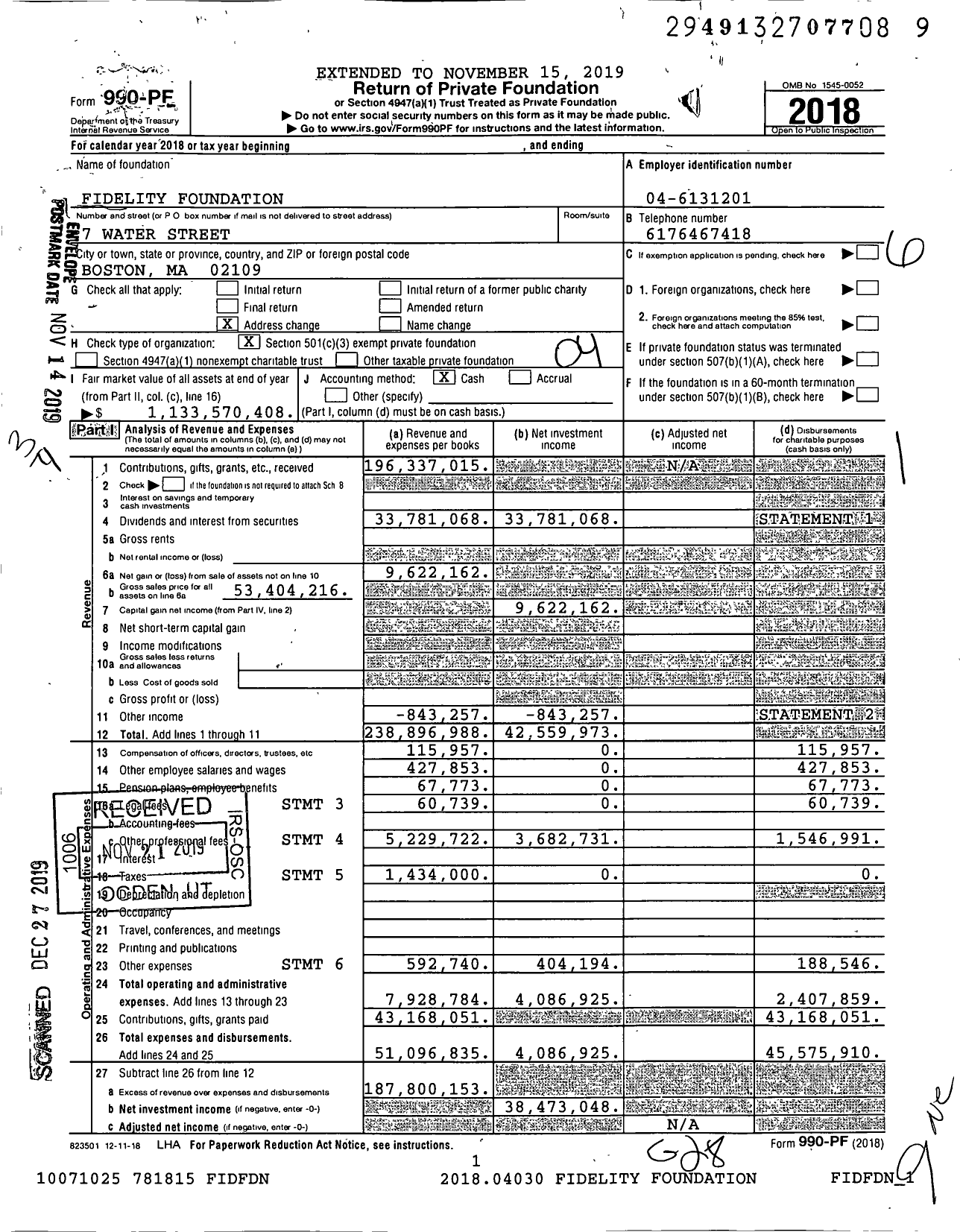 Image of first page of 2018 Form 990PF for Fidelity Foundation