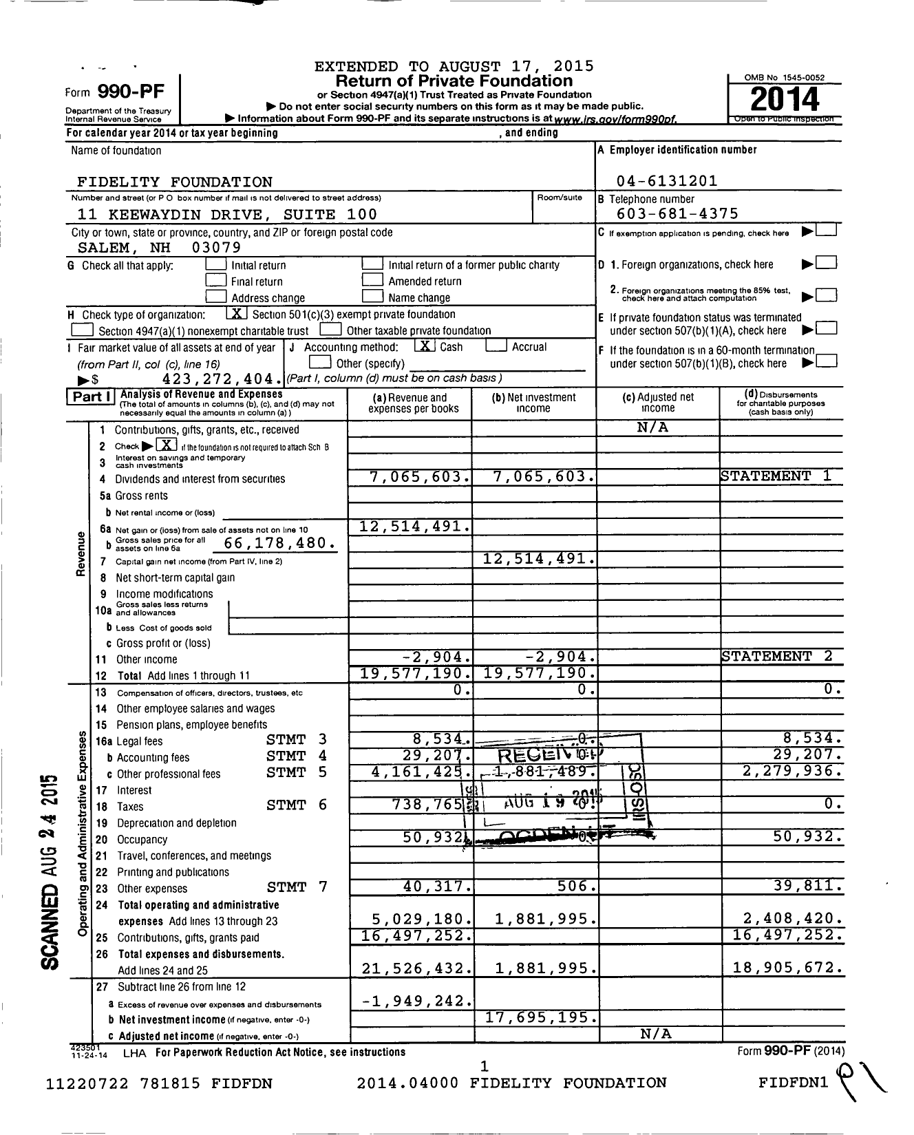 Image of first page of 2014 Form 990PF for Fidelity Foundation