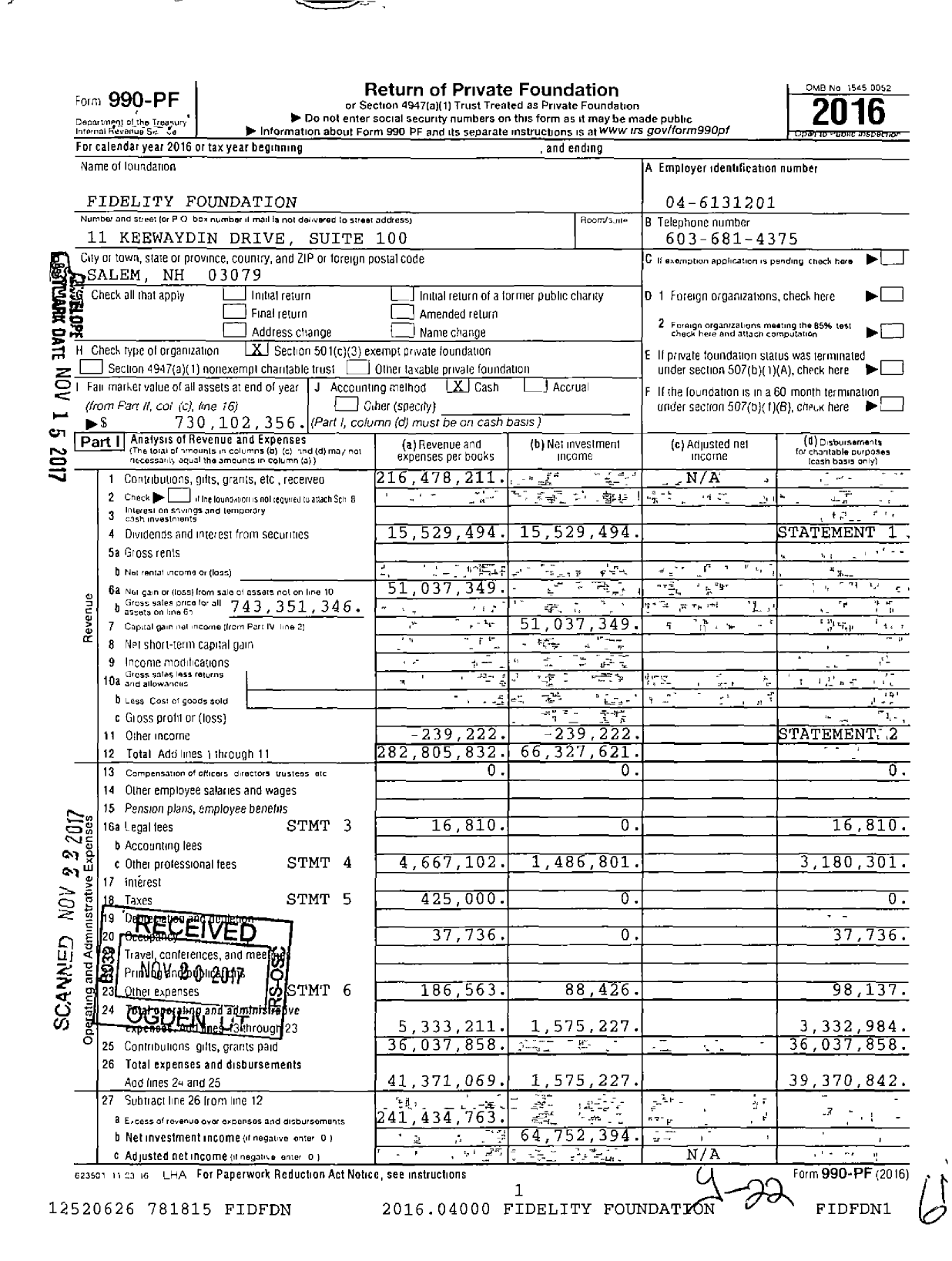 Image of first page of 2016 Form 990PF for Fidelity Foundation