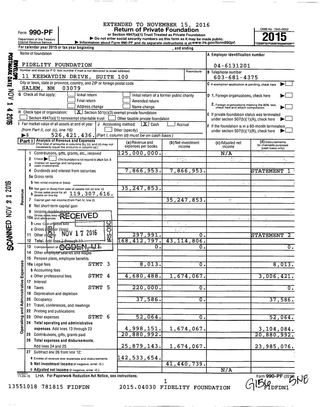 Image of first page of 2015 Form 990PF for Fidelity Foundation