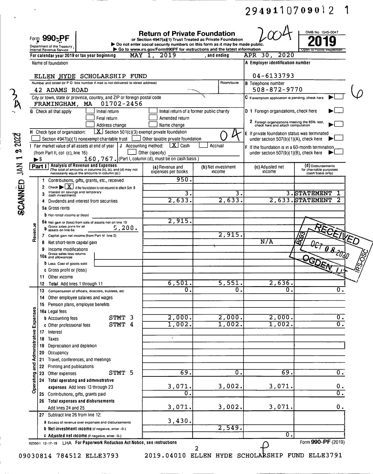 Image of first page of 2019 Form 990PF for Ellen Hyde Scholarship Fund