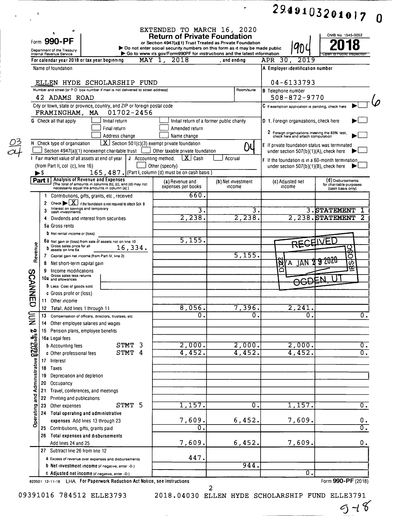 Image of first page of 2018 Form 990PR for Ellen Hyde Scholarship Fund