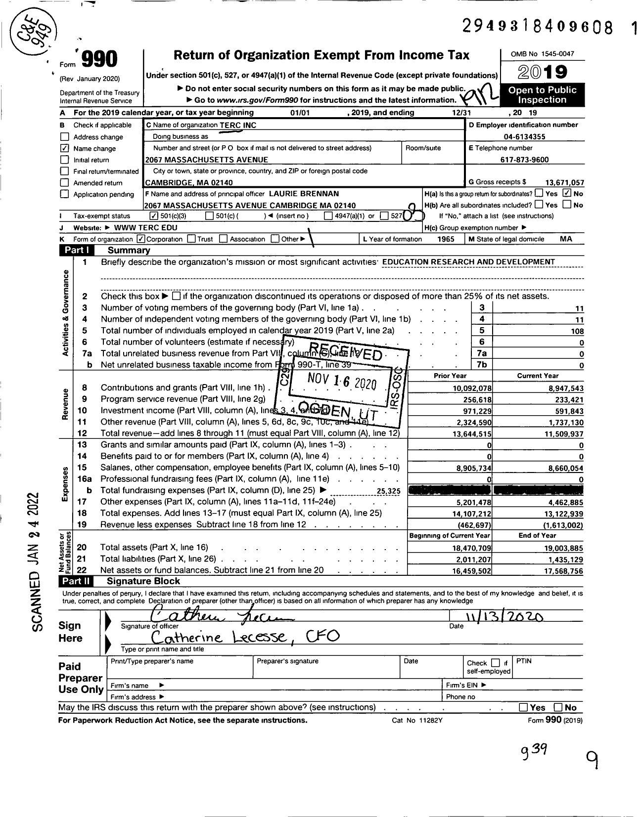 Image of first page of 2019 Form 990 for Technical Education Research Centers (TERC)