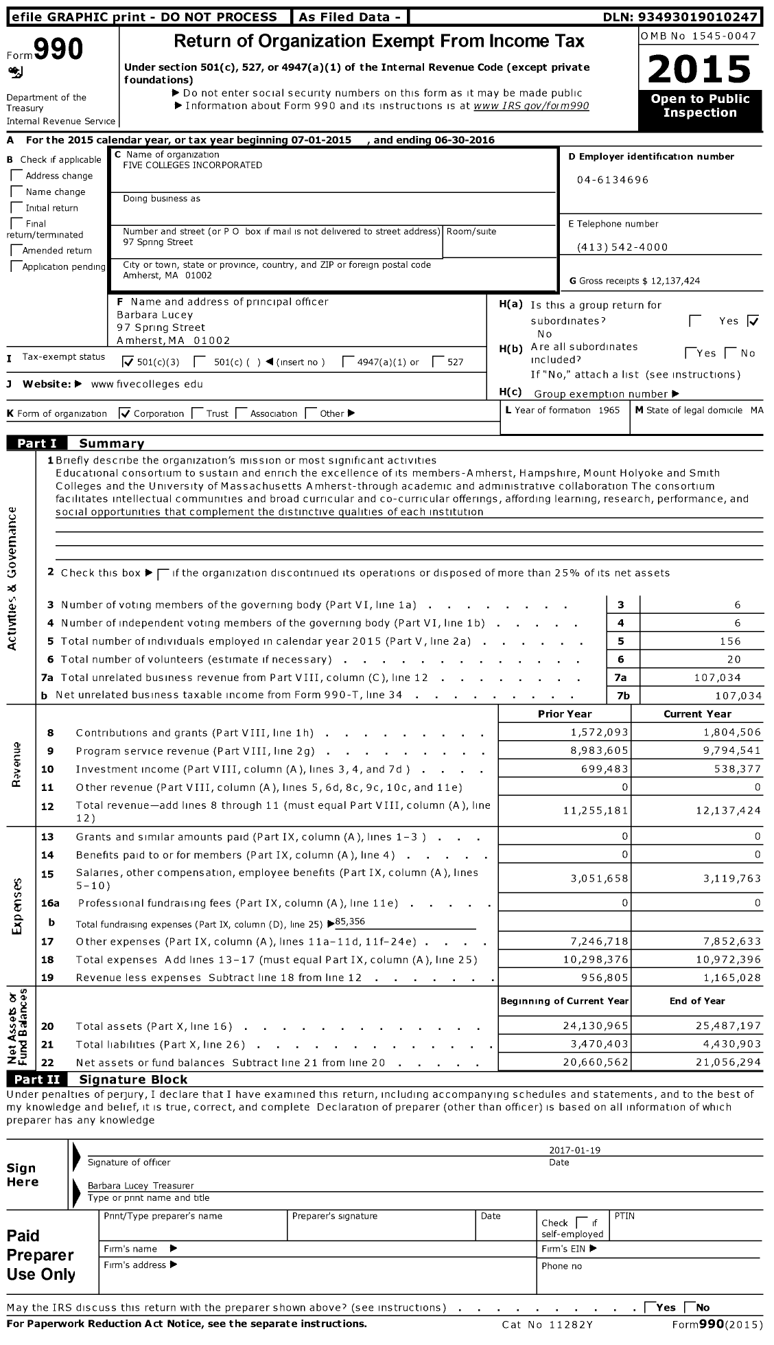 Image of first page of 2015 Form 990 for Five College Consortium