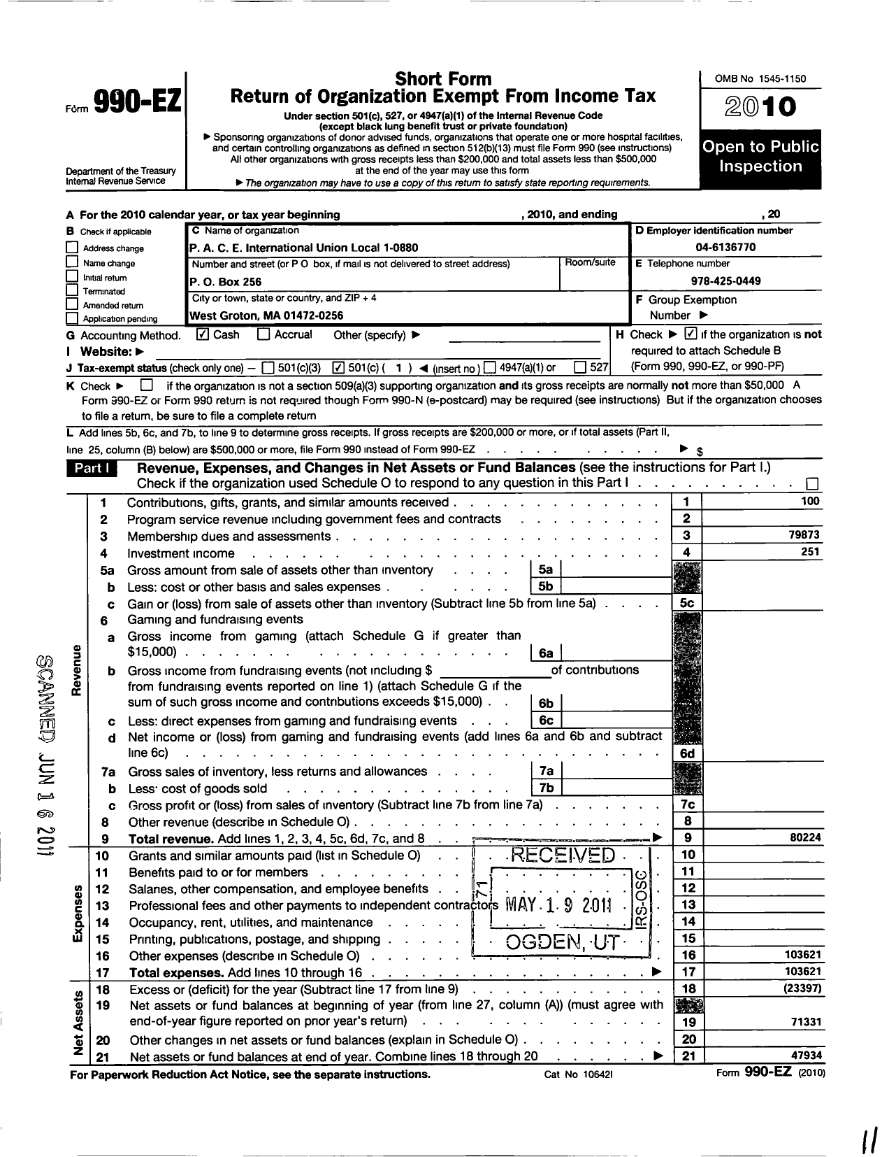 Image of first page of 2010 Form 990EO for United Steelworkers - 00880 Local