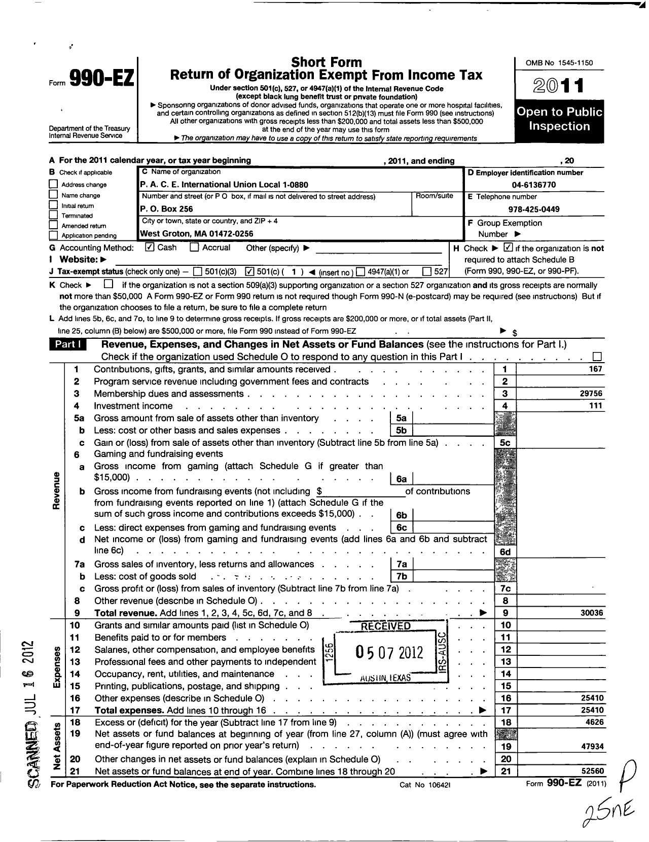 Image of first page of 2011 Form 990EO for United Steelworkers - 00880 Local