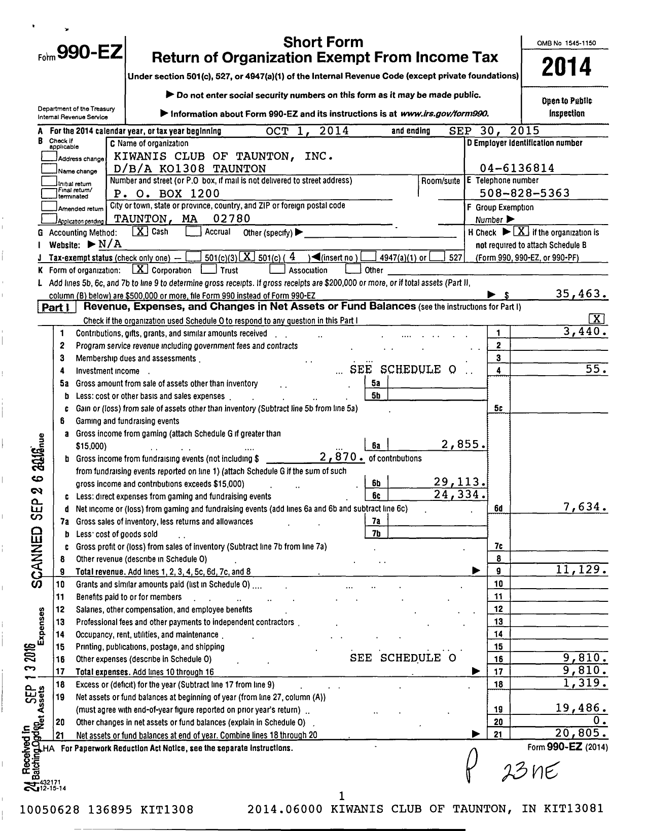 Image of first page of 2014 Form 990EO for Kiwanis International / Ko1308 Taunton